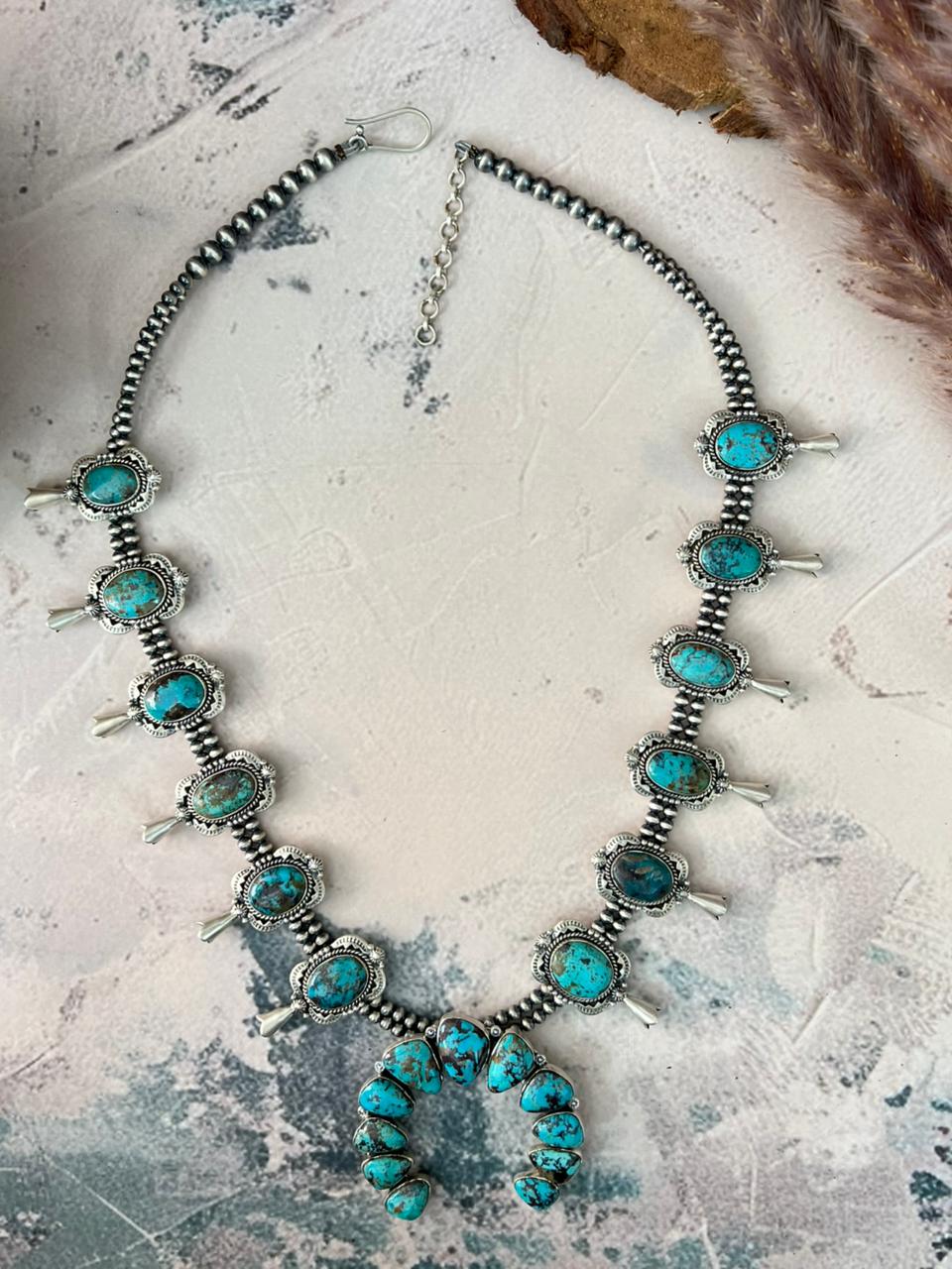 Handmade Sterling Silver Sierra Bella Turquoise Beaded Squash Blossom Naja Necklace Signed Nizhoni