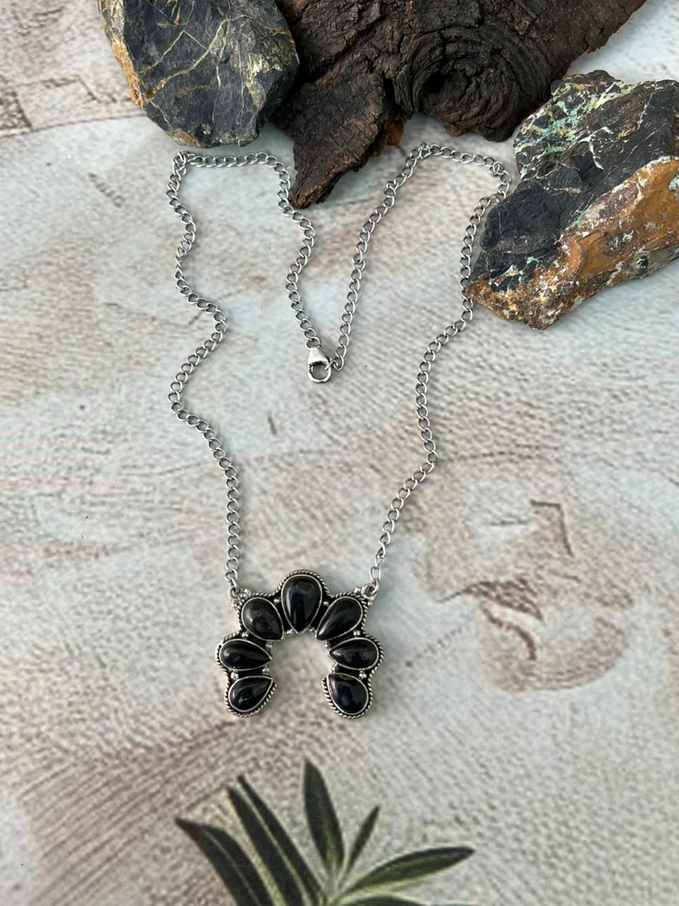 Handmade Sterling Silver Blackjack Turquoise Naja Necklace "Signed Nizhoni"