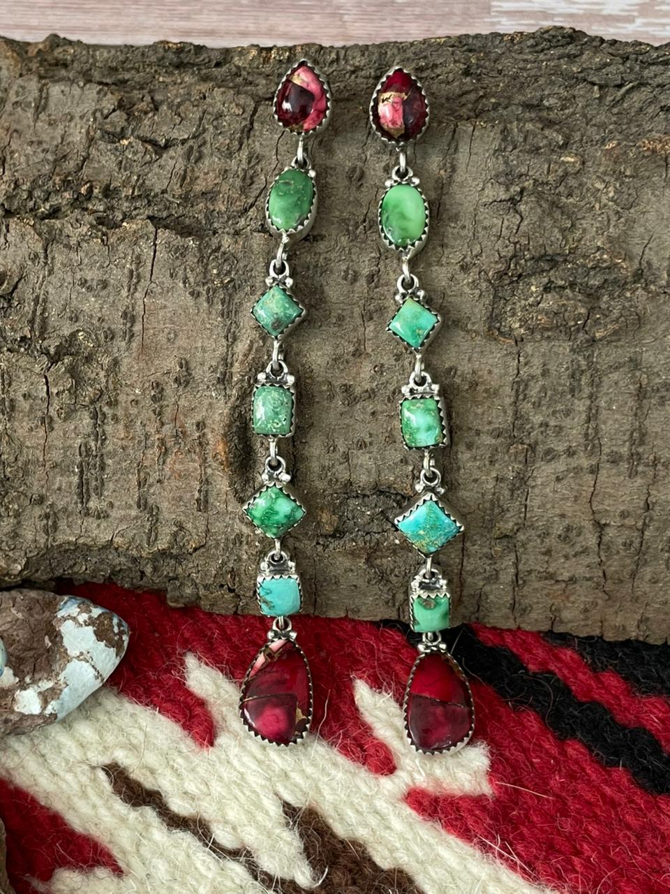 Handmade Sterling Silver Dahlia Rose with Emerald Valley Turquoise Post Earrings "Signed Nizhoni"