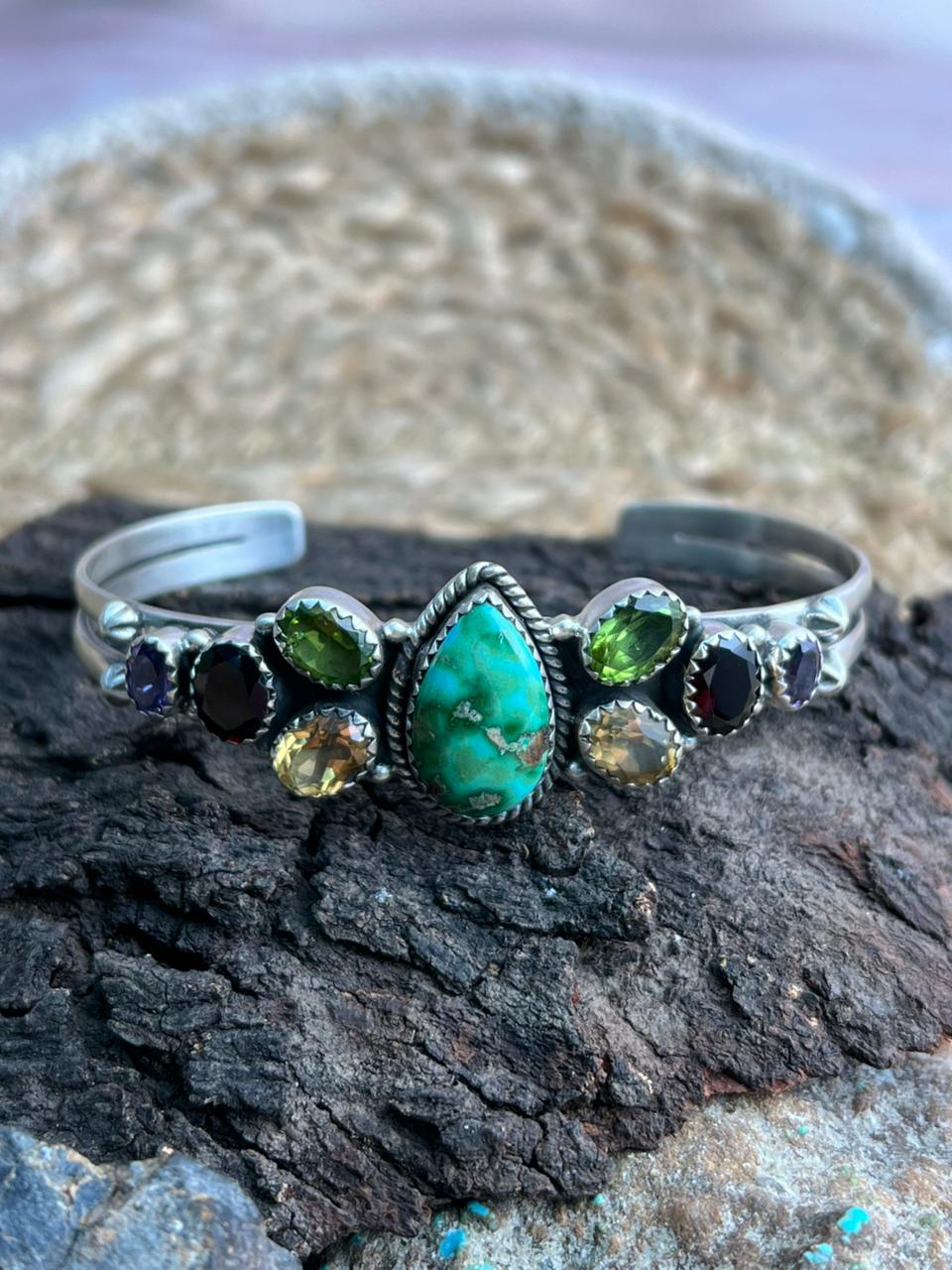 Handmade Sterling Silver Sonoran with Cut Stone Bracelet "Signed Nizhoni"