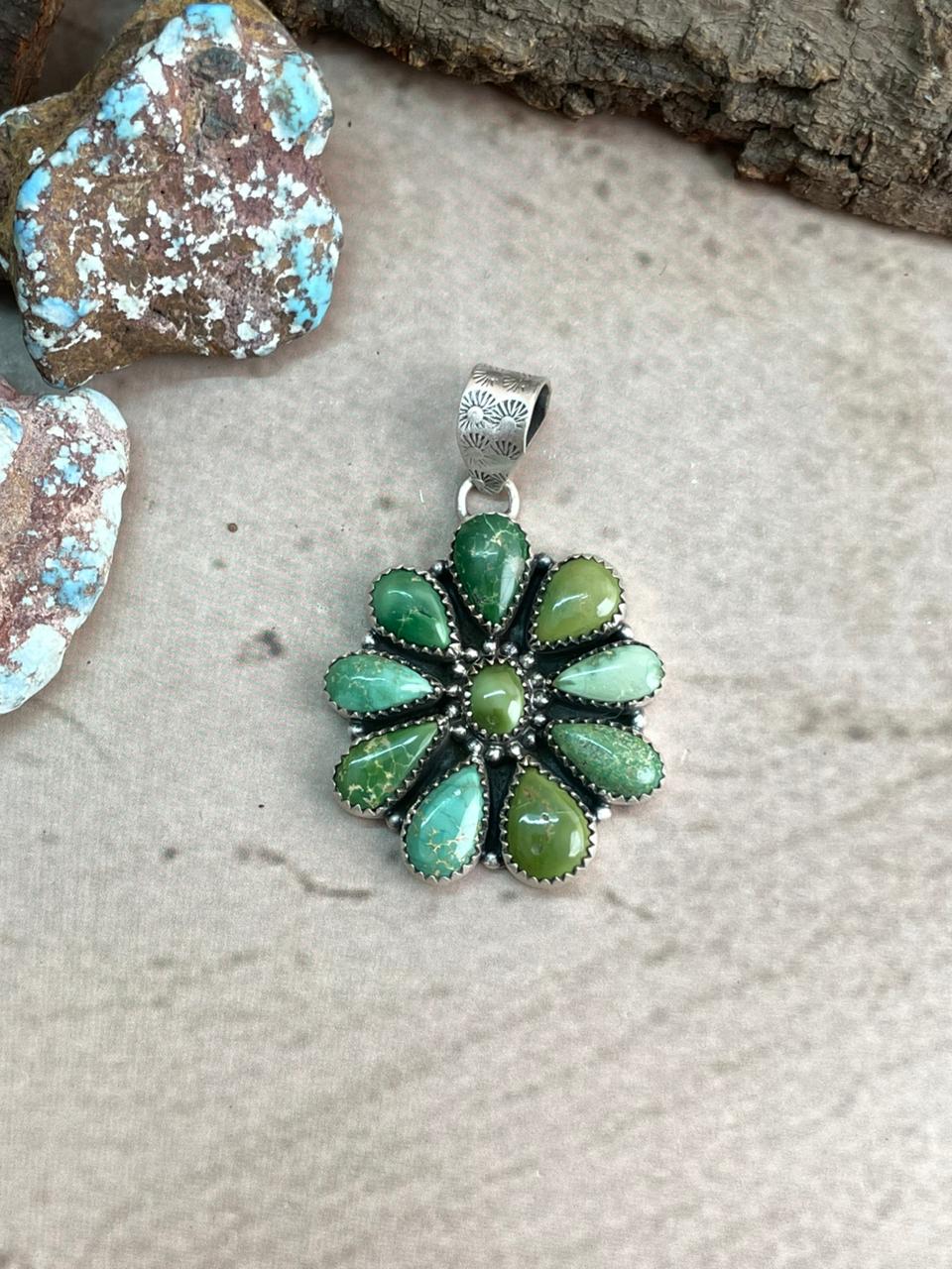 Handmade Sterling Silver Emerald Valley Turquoise Pendant with Signed Nizhoni