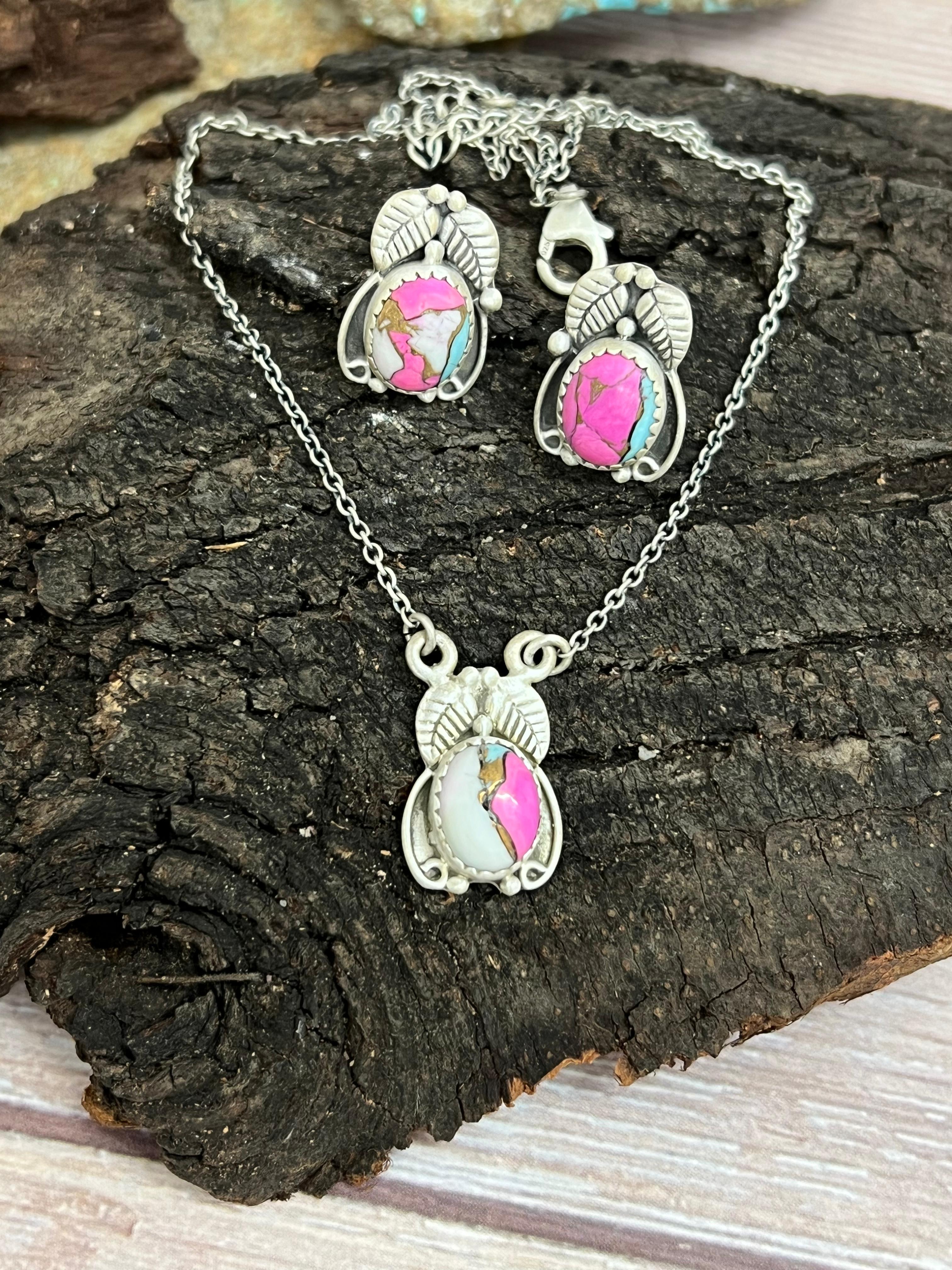 Handmade Sterling Silver Cotton Candy Turquoise Necklace Earrings Set, Signed Nizhoni