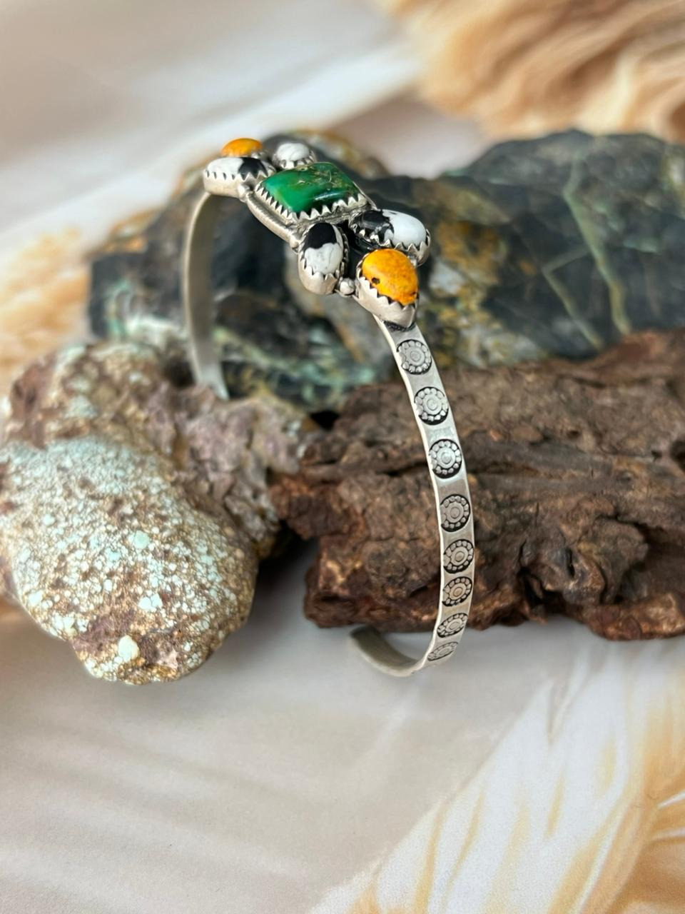 Handmade Sterling Silver Spring Collection: Bumblebee with Sonoran and White Buffalo Bracelet "Signed Nizhoni"