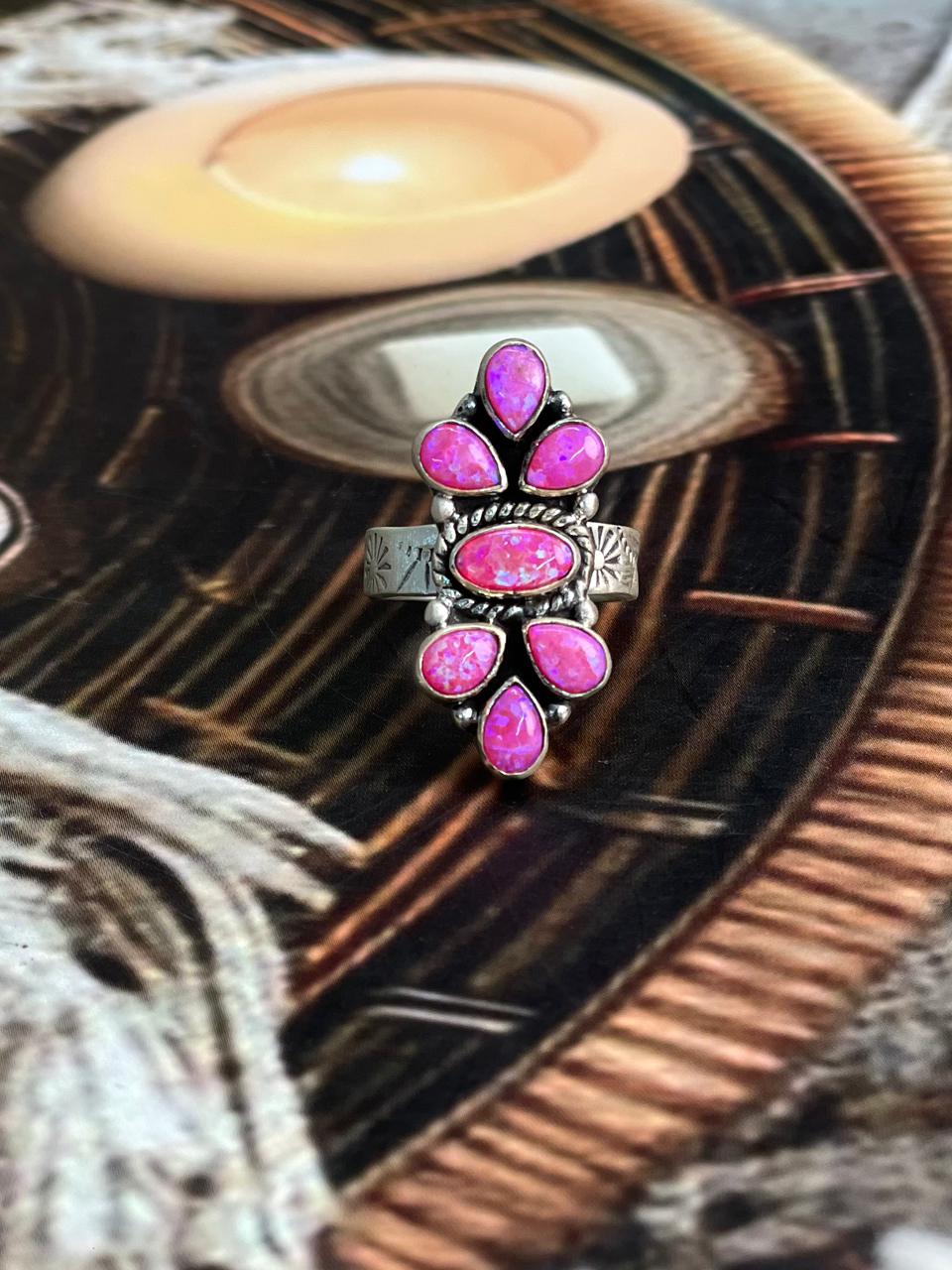 Handmade Sterling Silver Hot Pink Adjustable Ring "Signed Nizhoni"
