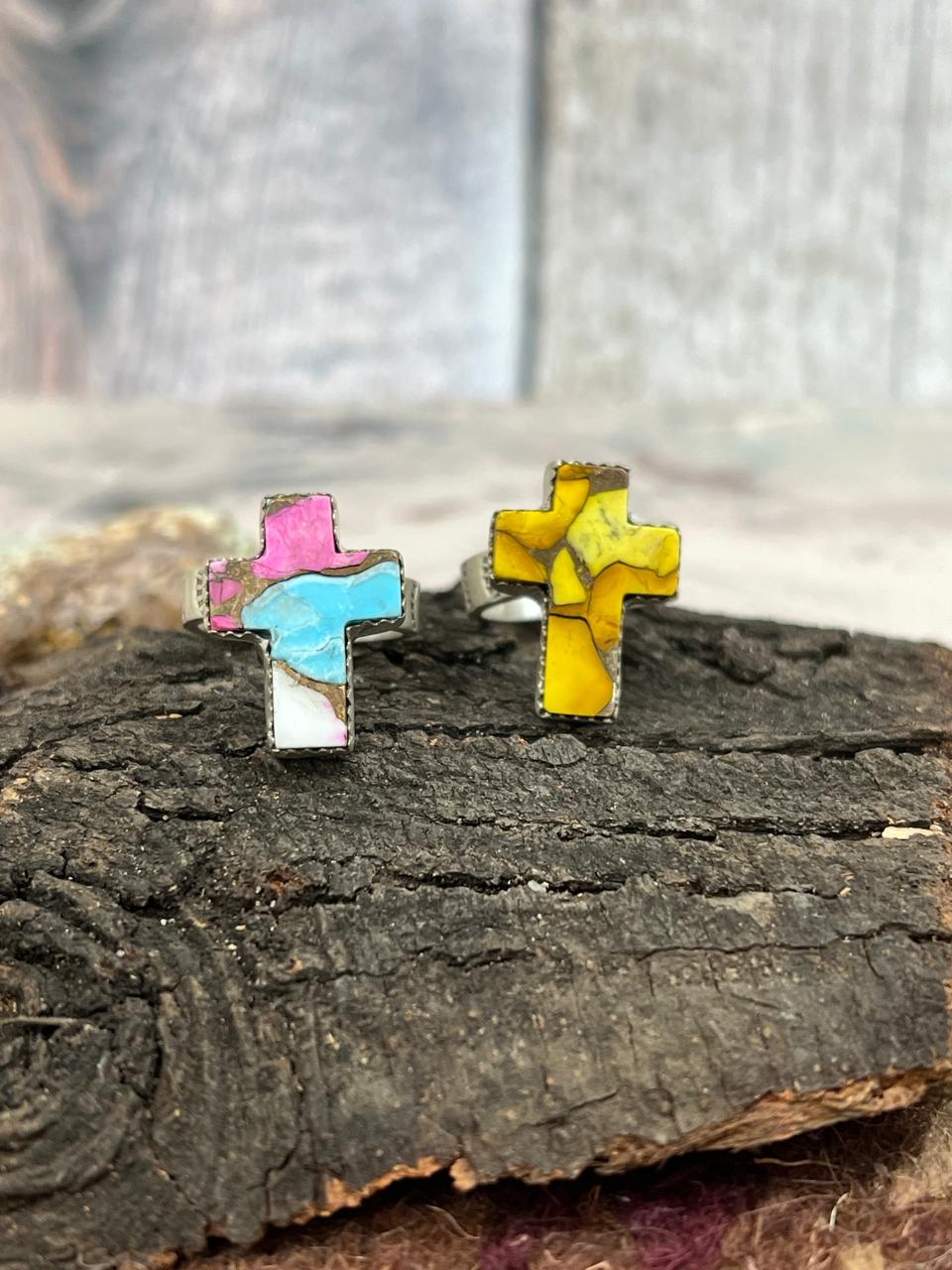 Handmade Sterling Silver Honey Dahlia, Cotton Candy Turquoise Cross Adjustable Ring with Signed Nizhoni