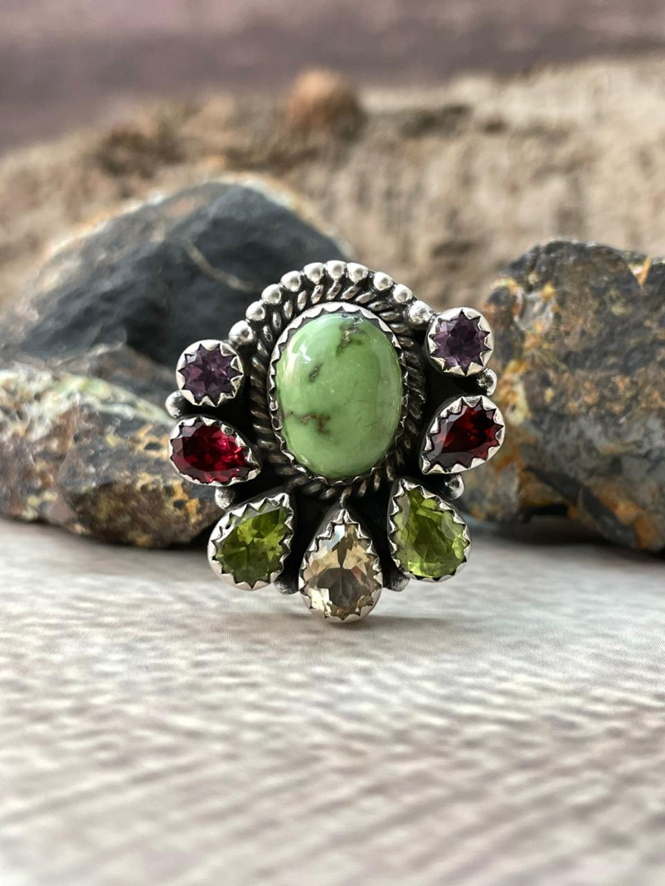 Handmade Sterling Silver Sonoran with Cut Stones Adjustable Ring "Signed Nizhoni"