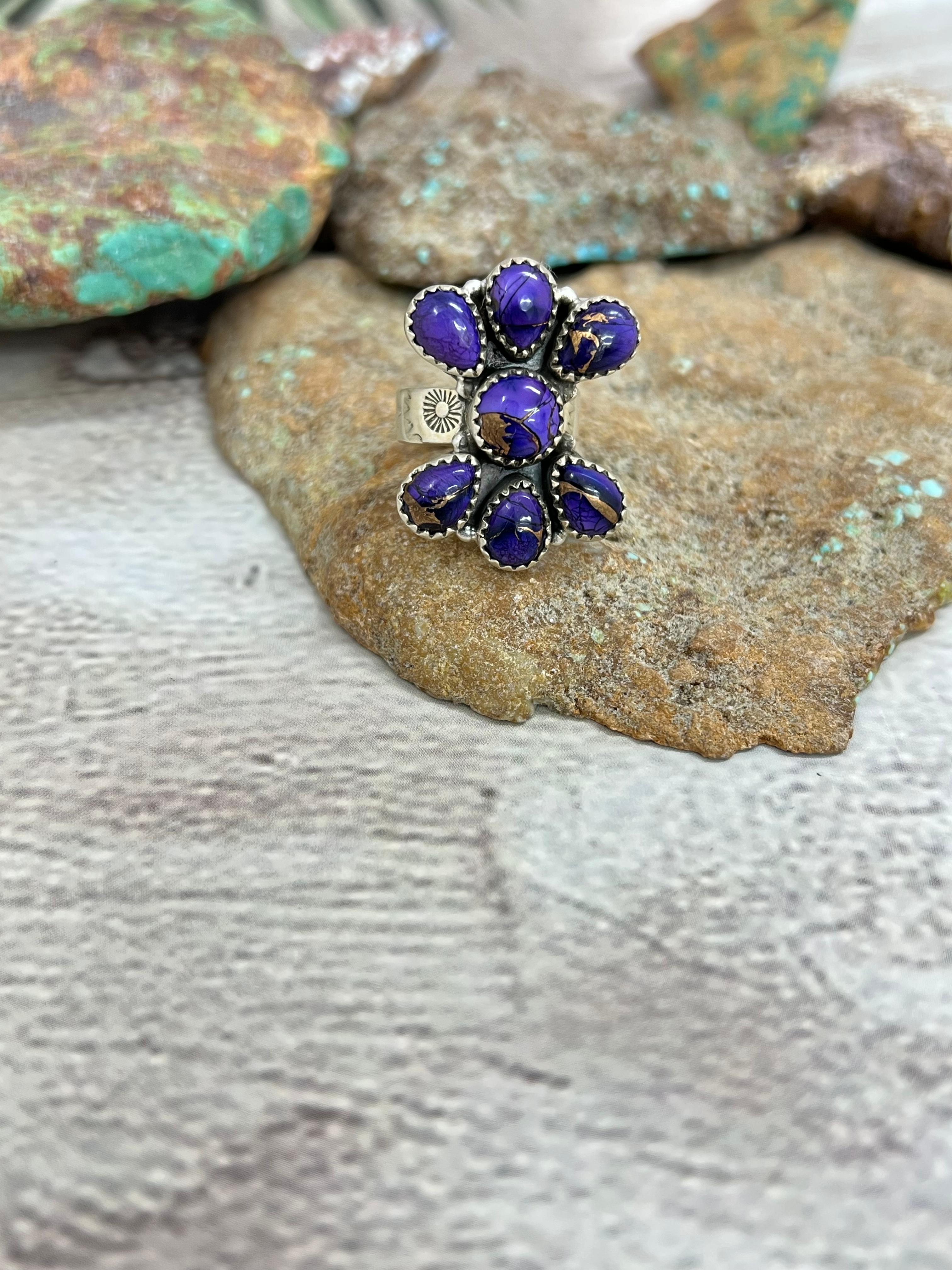 Handmade Sterling Silver Grape Dahlia Adjustable Ring with Signed Nizhoni