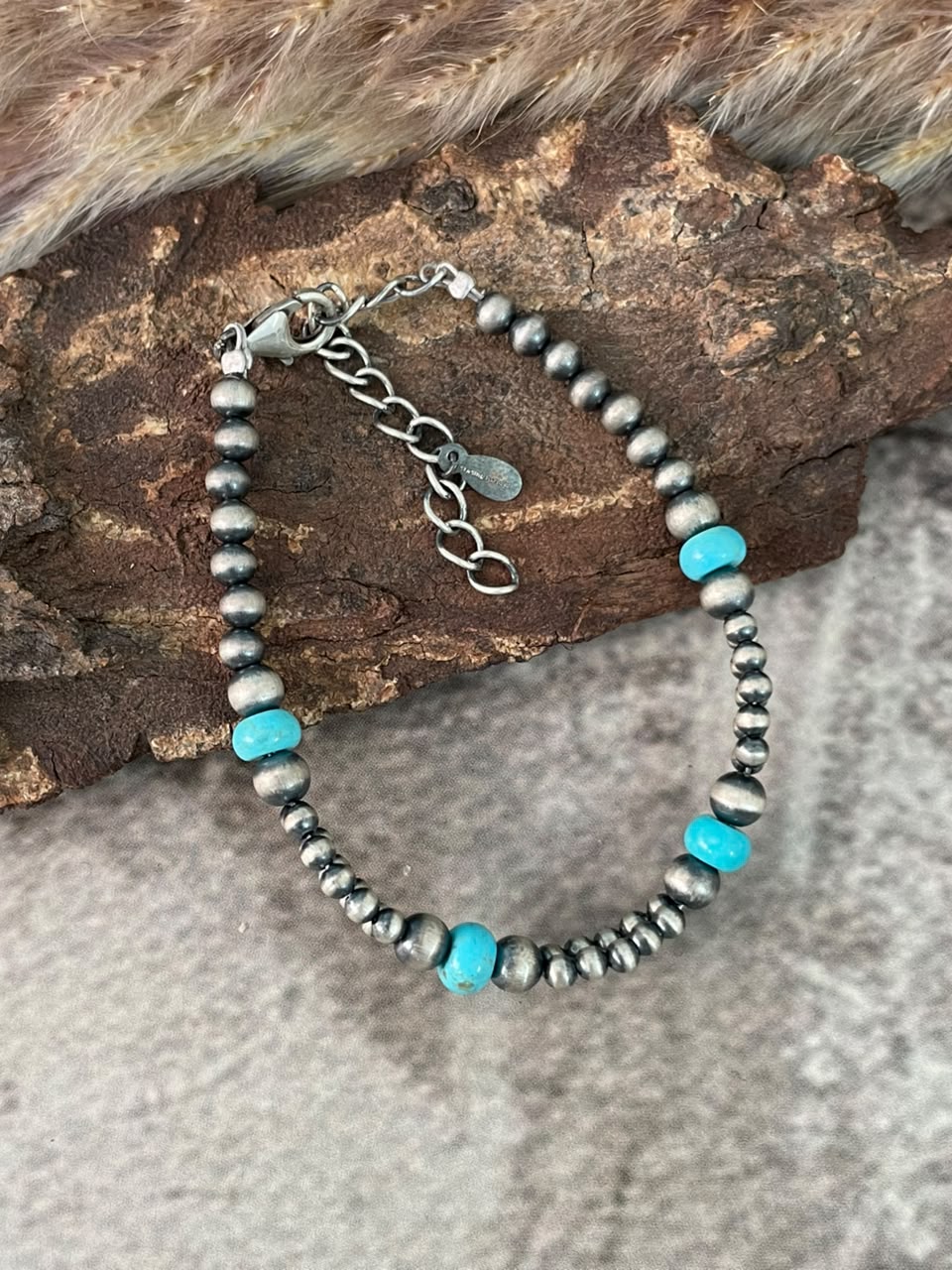 Handmade Sterling Silver Kingman Turquoise Beaded Chain Bracelet Signed Nizhoni