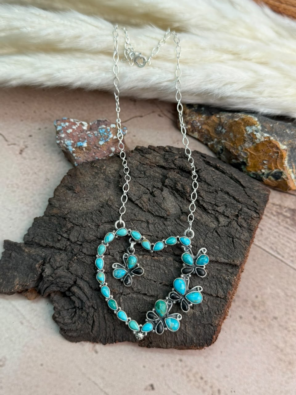 Handmade Sterling Silver White Buffalo with Kingman Turquoise Heart Necklace Signed Nizhoni