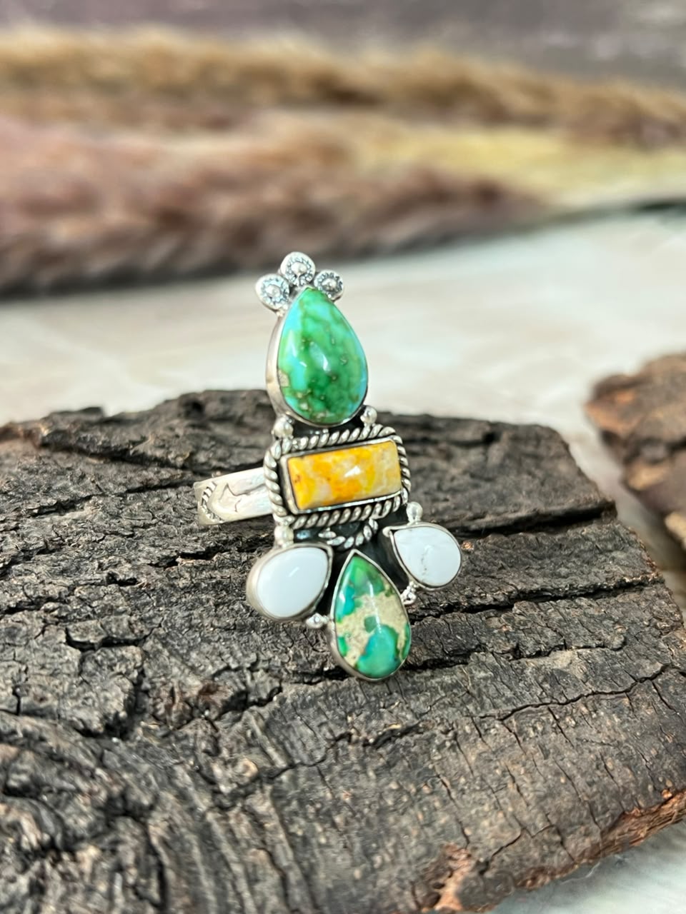 Handmade Sterling Silver Sonoran Mountain Turquoise with Bumblebee and White Buffalo Spring Collection: Adjustable Ring Signed Nizhoni
