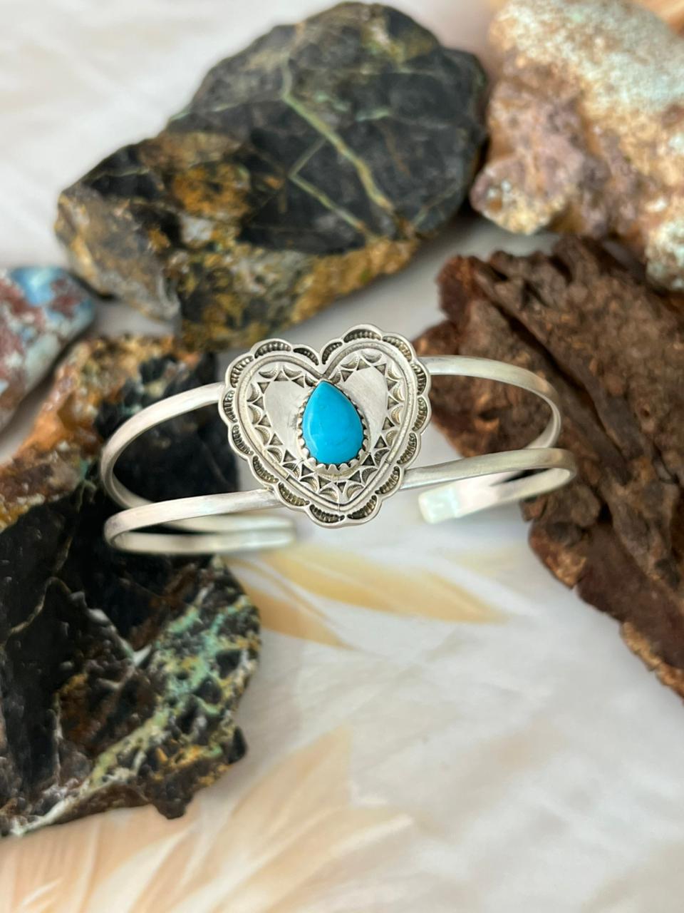 Handmade Sterling Silver Kingman Turquoise Heart Bracelet "Signed Nizhoni"