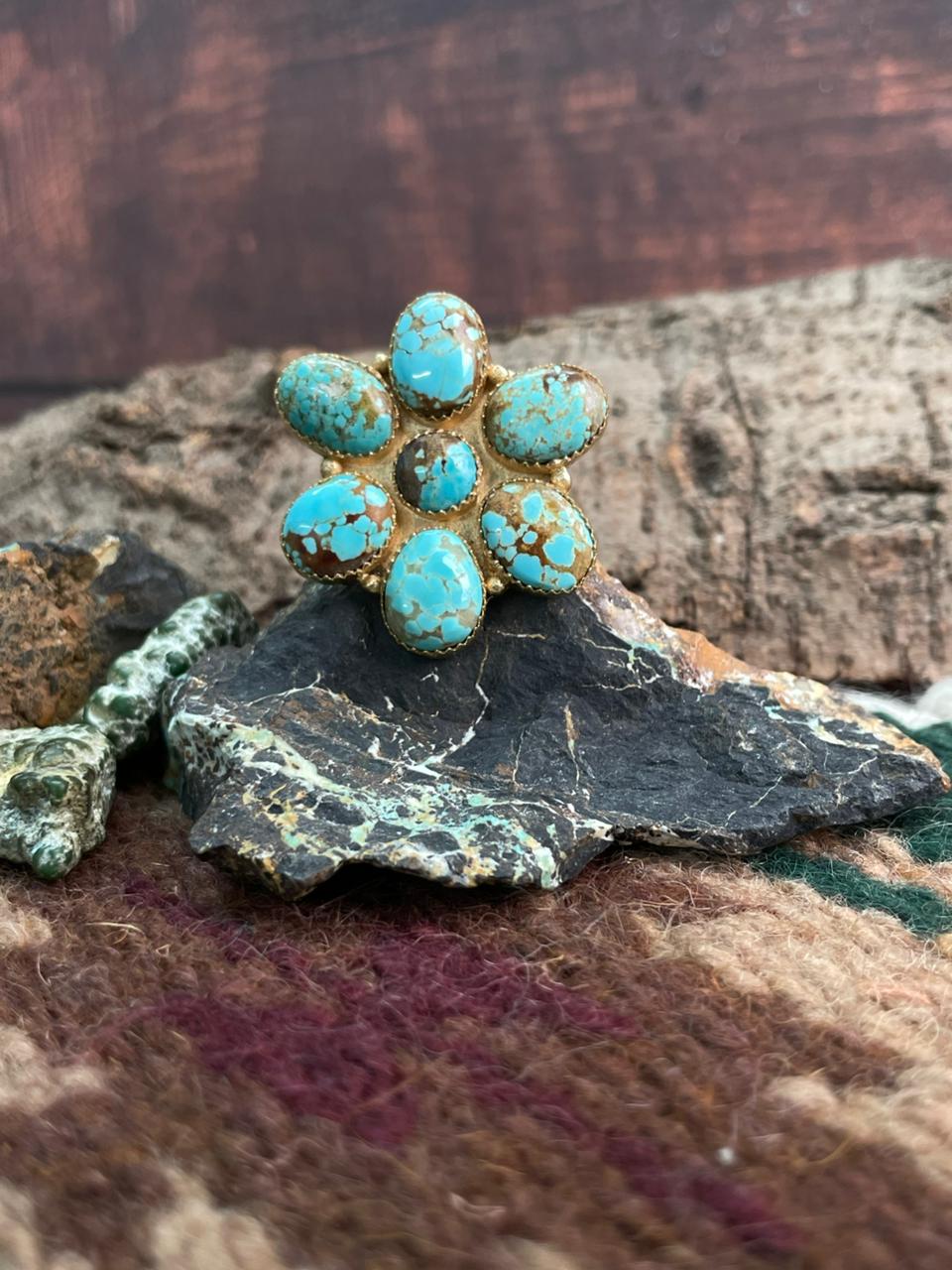 “The Golden Collection” Handmade Number 8 Turquoise Gold Overlay Adjustable Ring