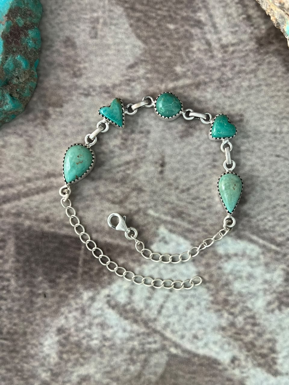 Handmade Sterling Silver Pilot Mountain Turquoise Chain Bracelet Signed Nizhoni