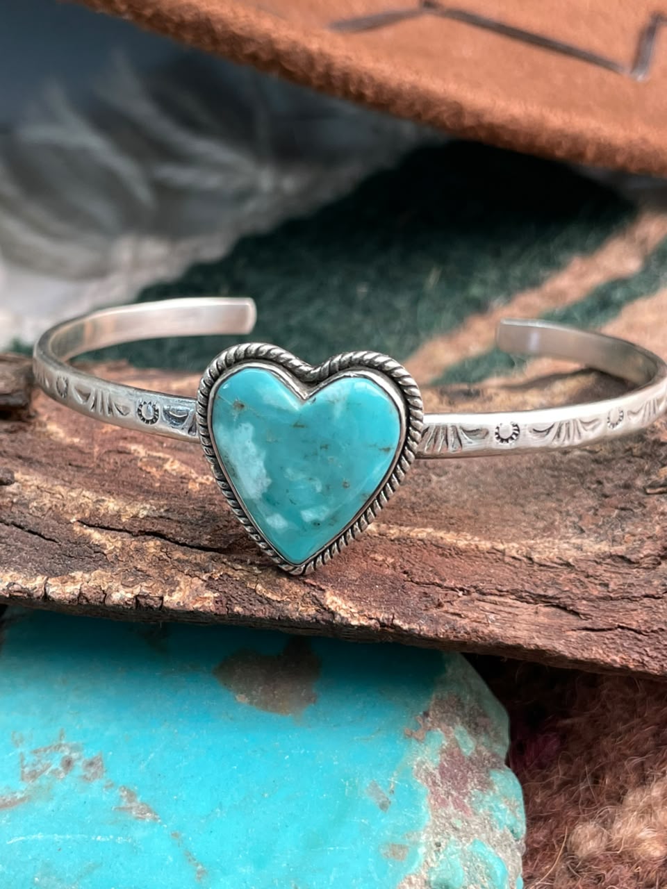 Handmade Sterling Silver Campitos Turquoise Collection: Heart Cuff Bracelet Signed Nizhoni