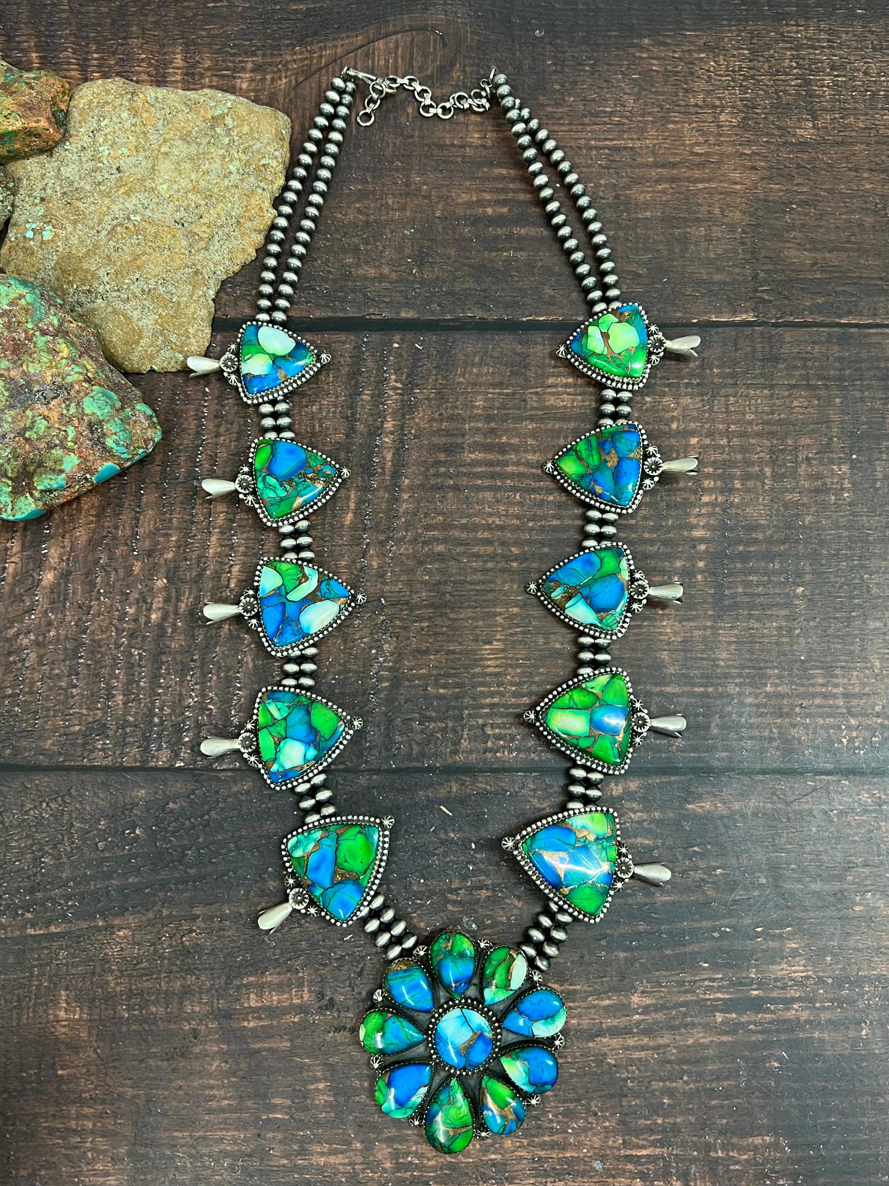 Handmade Sterling Silver Peacock Dahlia Beaded Necklace with Signed Nizhoni