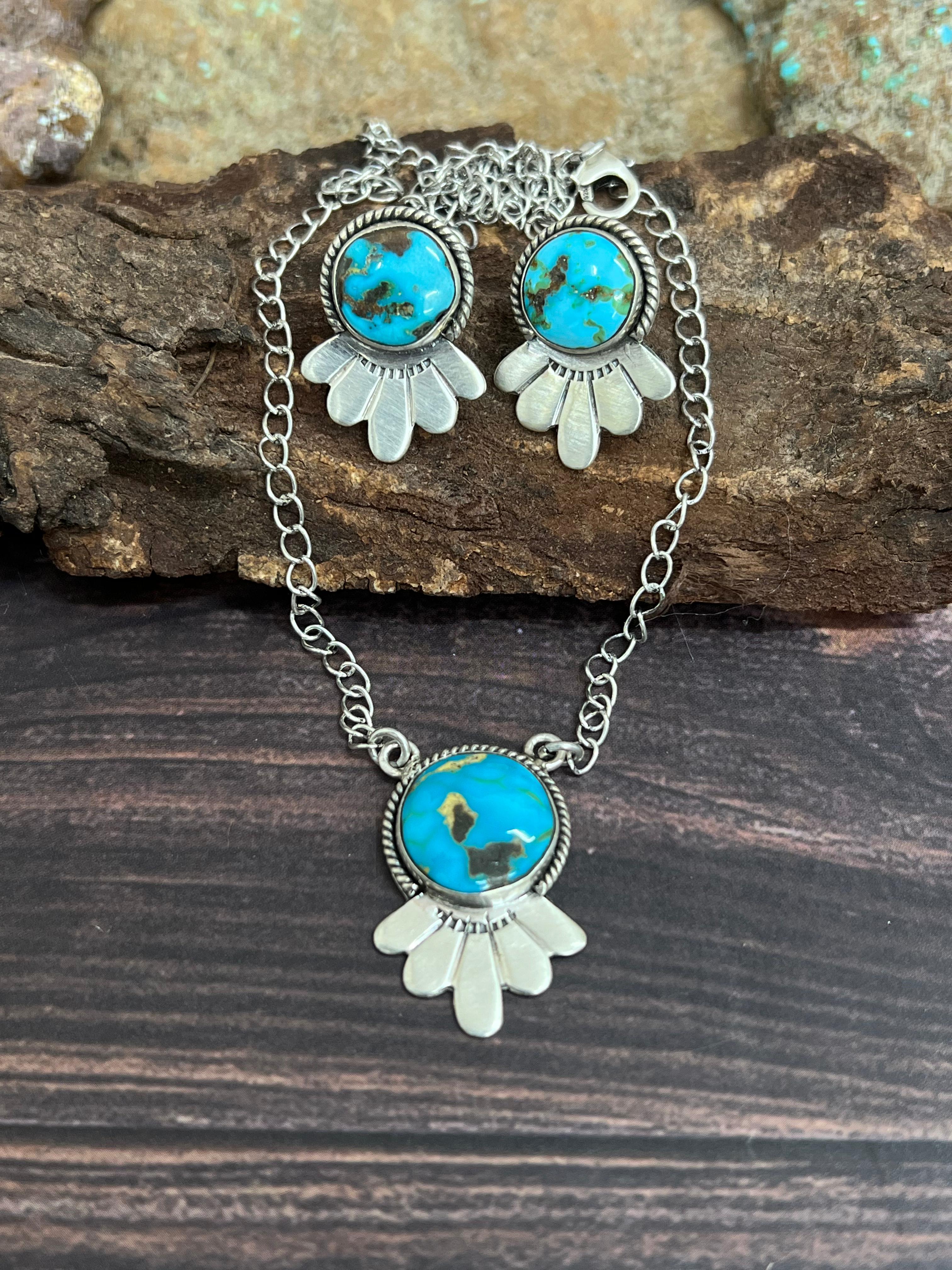 Handmade Sterling Silver South Hill Turquoise Necklace Earrings Set with Signed Nizhoni