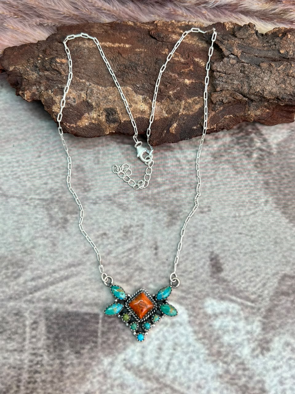 Handmade Sterling Silver Kingman Turquoise with Orange Mojave Necklace Signed Nizhoni