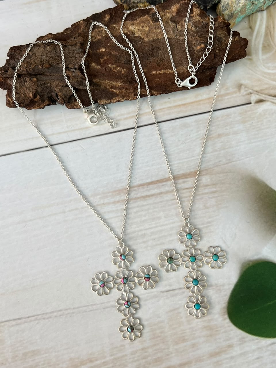 Handmade Sterling Silver Cotton Candy and Kingman Turquoise Flower Collection: Cross Necklace