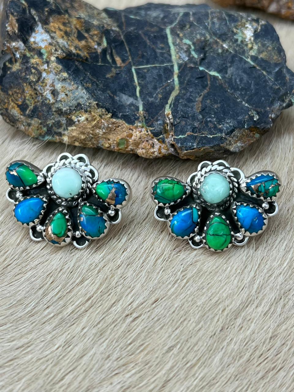 Handmade Sterling Silver Peacock Dahlia with Palomino Post Studs Earrings "Signed Nizhoni"