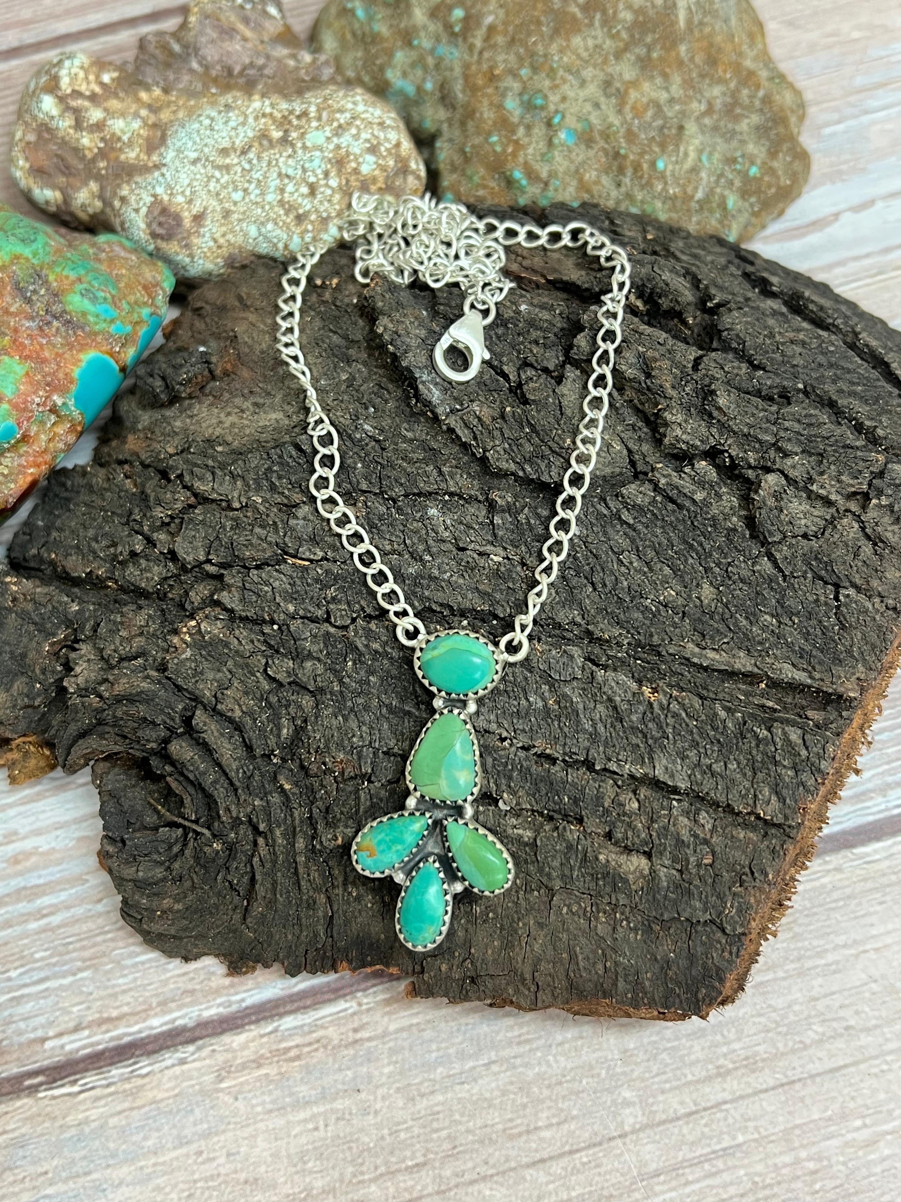 Handmade Sterling Silver Kingman Turquoise Necklace with Signed Nizhoni