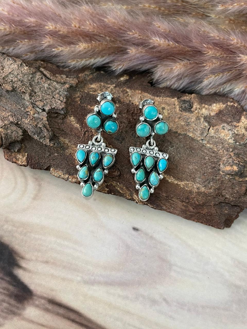Handmade Sterling Silver Kingman Turquoise Post Dangle Earrings Signed Nizhoni
