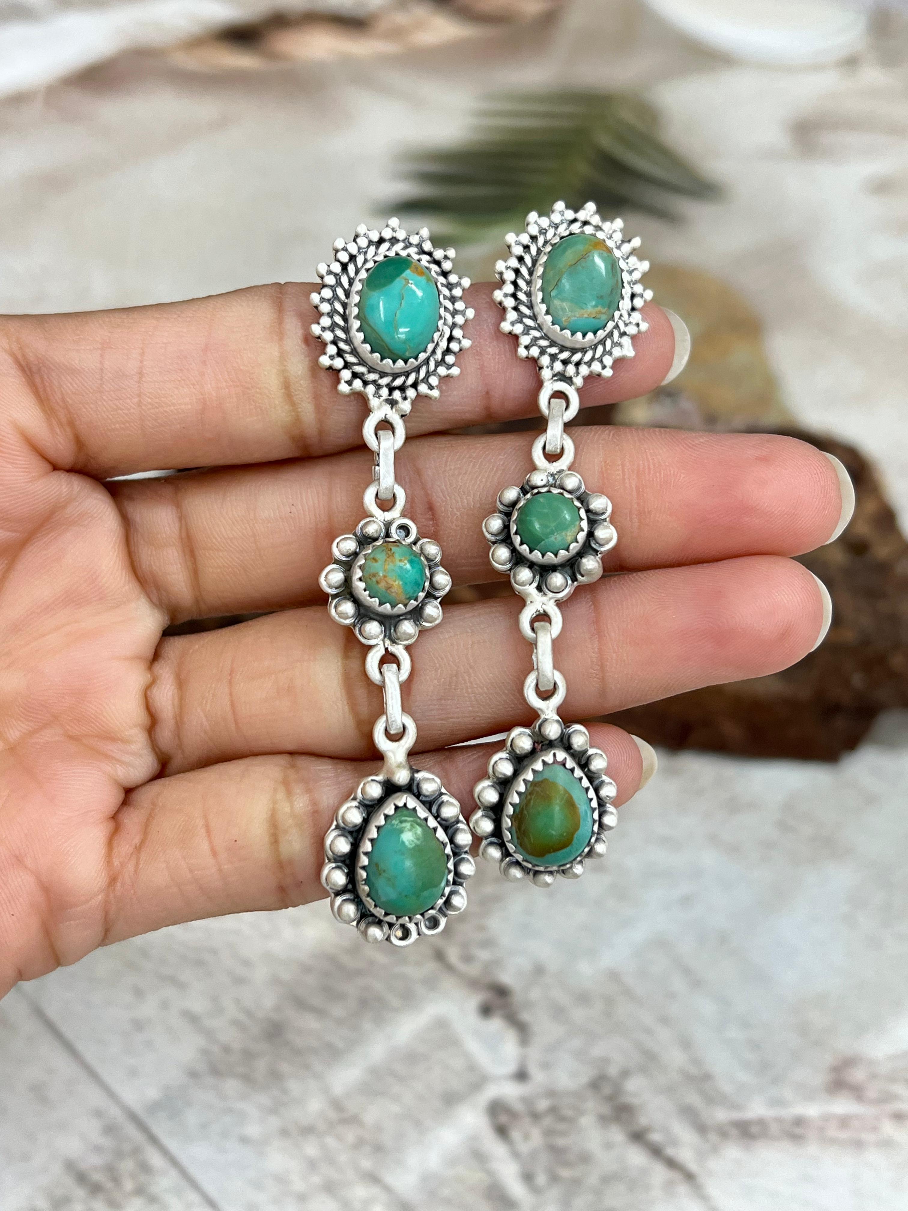 Handmade Sterling Silver Kingman Turquoise Post Dangle Earrings with Signed Nizhoni