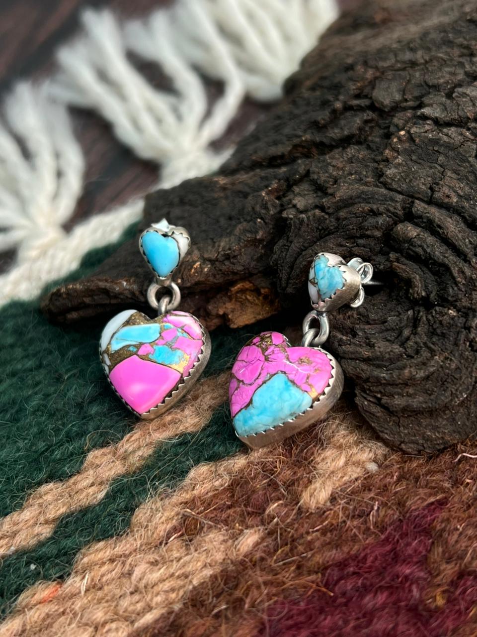 "Heart Collection" Handmade Sterling Silver Cotton Candy Post Dangle Earrings "Signed Nizhoni"