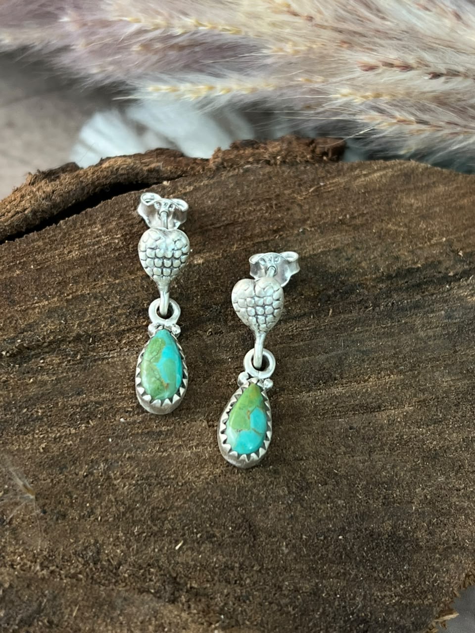 Handmade Sterling Silver Kingman Turquoise Post Dangle Earrings Signed Nizhoni
