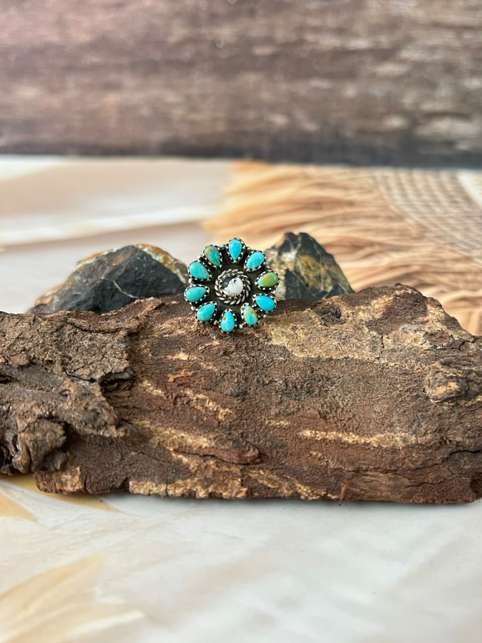 Handmade Sterling Silver Kingman Turquoise with White Buffalo Adjustable Ring Signed Nizhoni