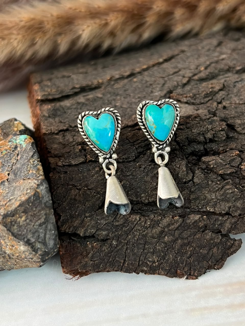 Handmade Sterling Silver Kingman Turquoise Post Squash Blossom Heart Dangle Earrings Signed Nizhoni