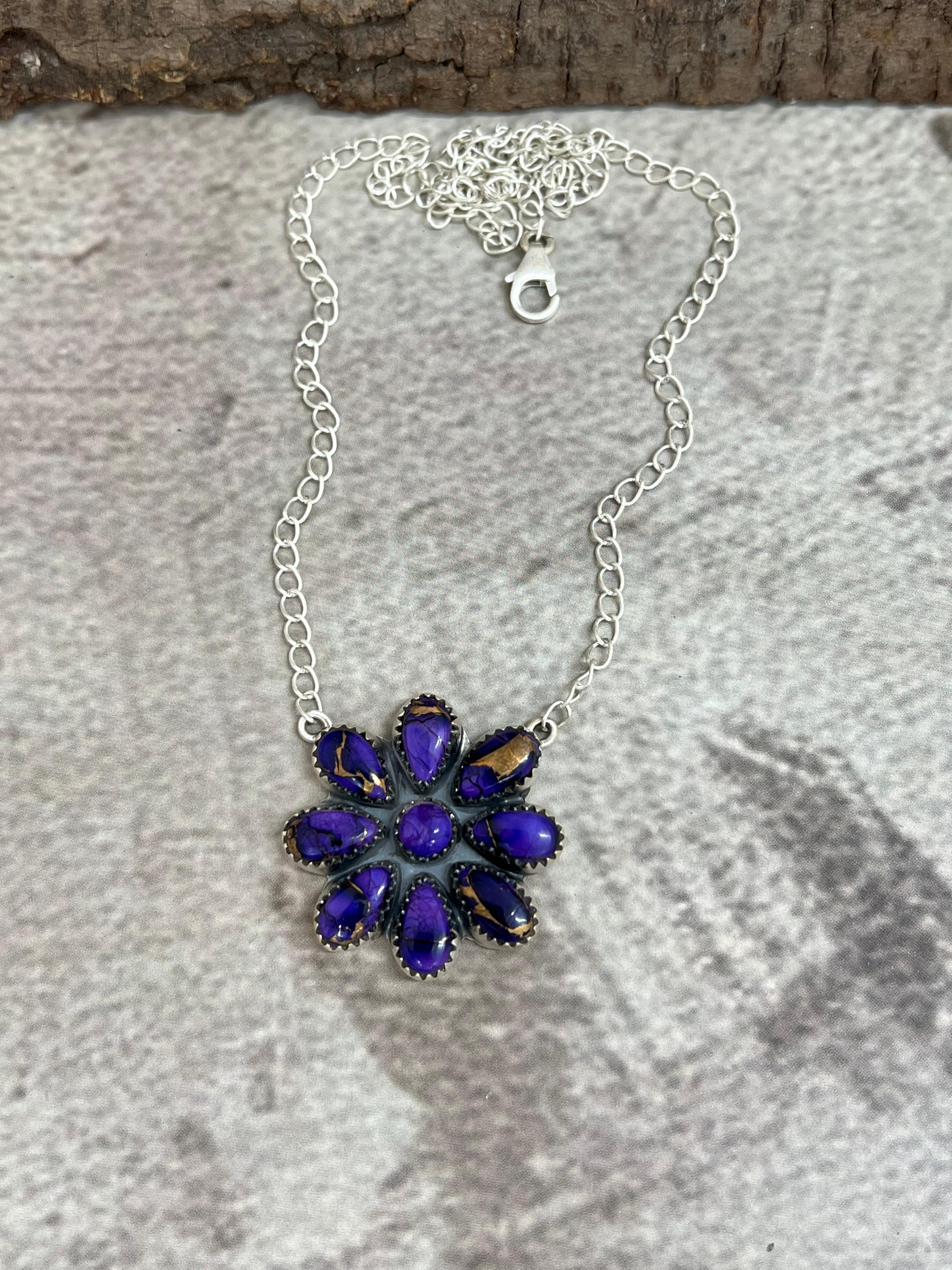 Handmade Sterling Silver Grape Dahlia Flower Necklace with Signed Nizhoni