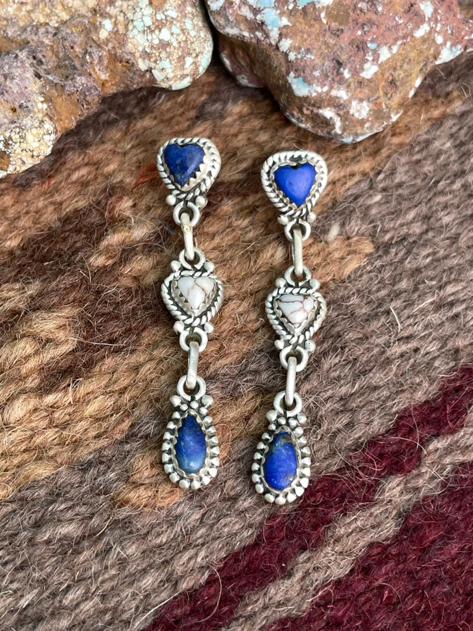 Handmade Sterling Silver Lapis with Wildhorse Magnesite Post Dangle Heart Earrings "Signed Nizhoni"