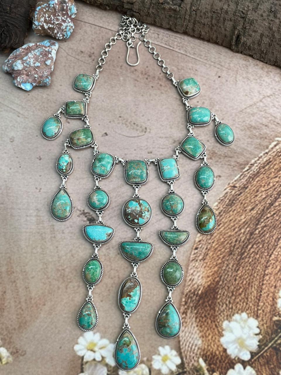 Handmade Sterling Silver Mantis Turquoise Necklace with Signed Nizhoni