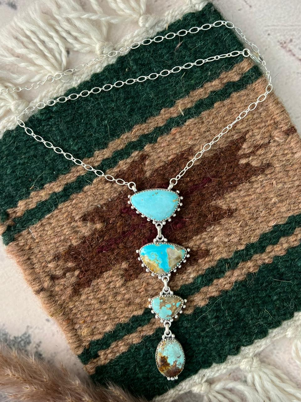 Handmade Sterling Silver Royston Ribbon Turquoise Drop Necklace Signed Nizhoni