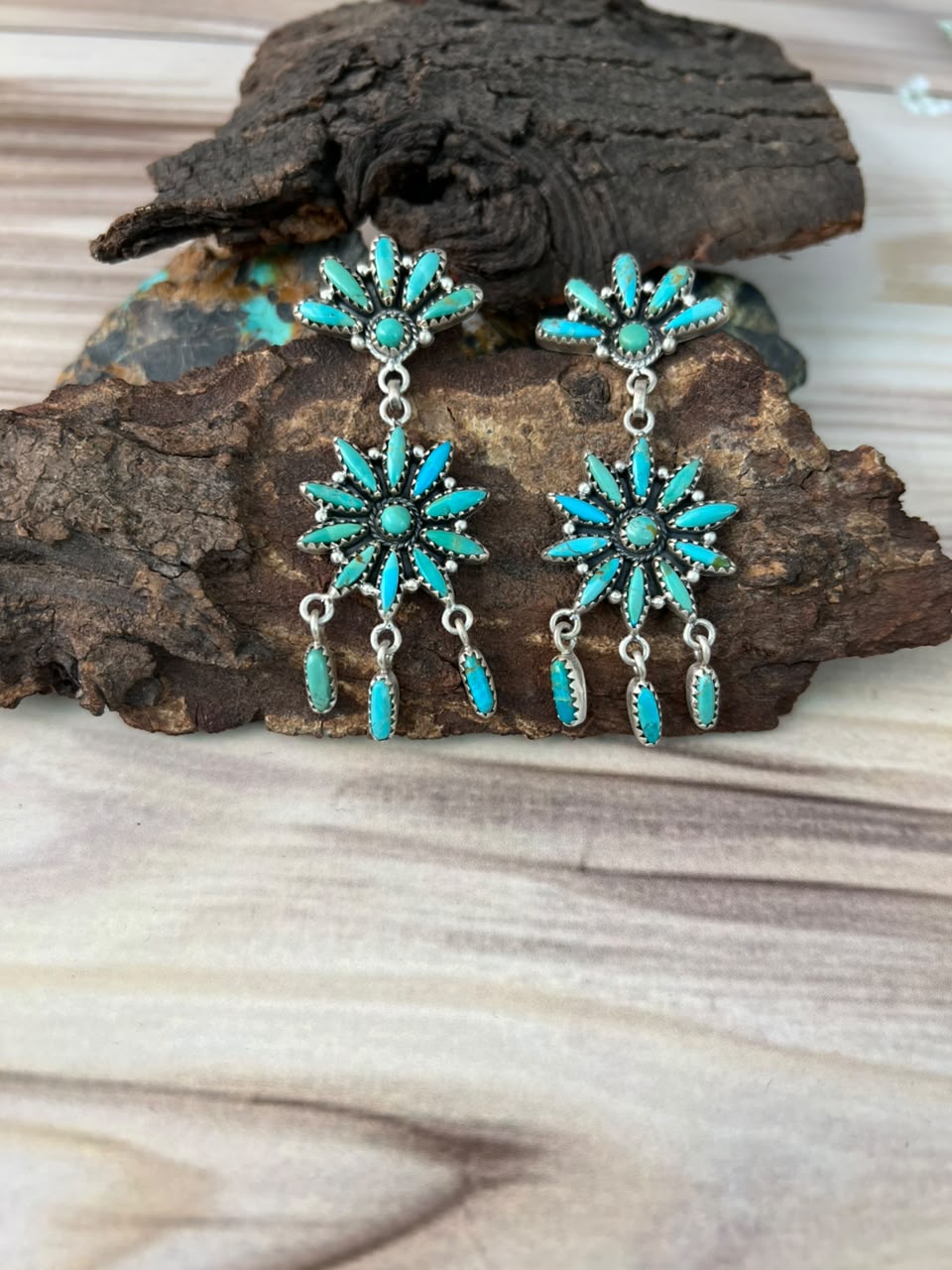 Handmade Sterling Silver Kingman Turquoise Post Dangle Earrings Signed Nizhoni