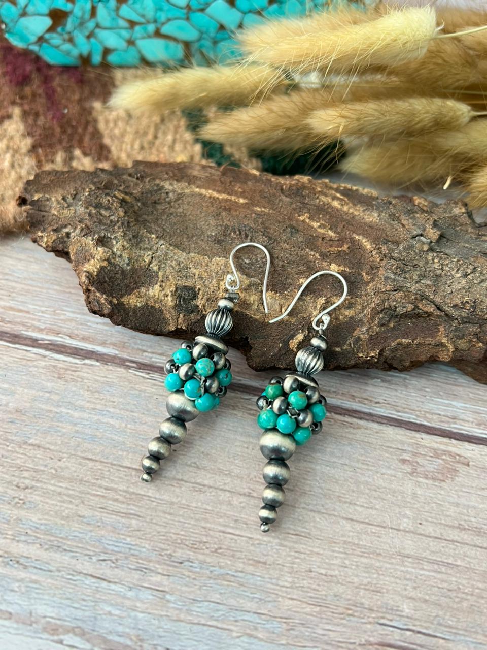 Handmade Sterling Silver Kingman Turquoise Hook Dangle Beaded Earrings