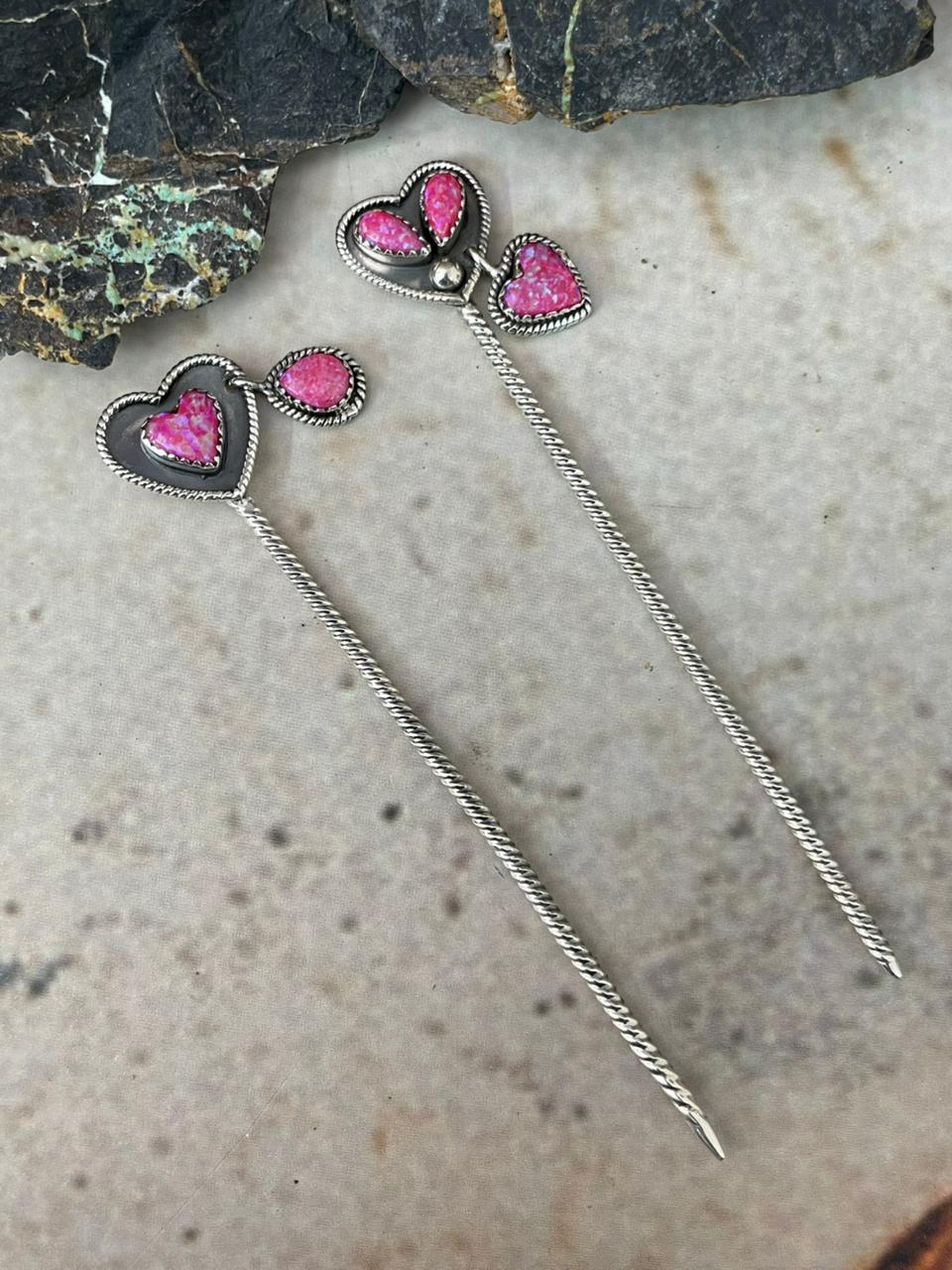 "Heart Collection" Handmade Sterling Silver Hot Pink Hair Pin "Signed Nizhoni"