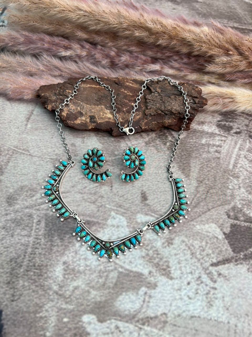 Handmade Sterling Silver Kingman Turquoise Necklace and Earrings Set Signed Nizhoni