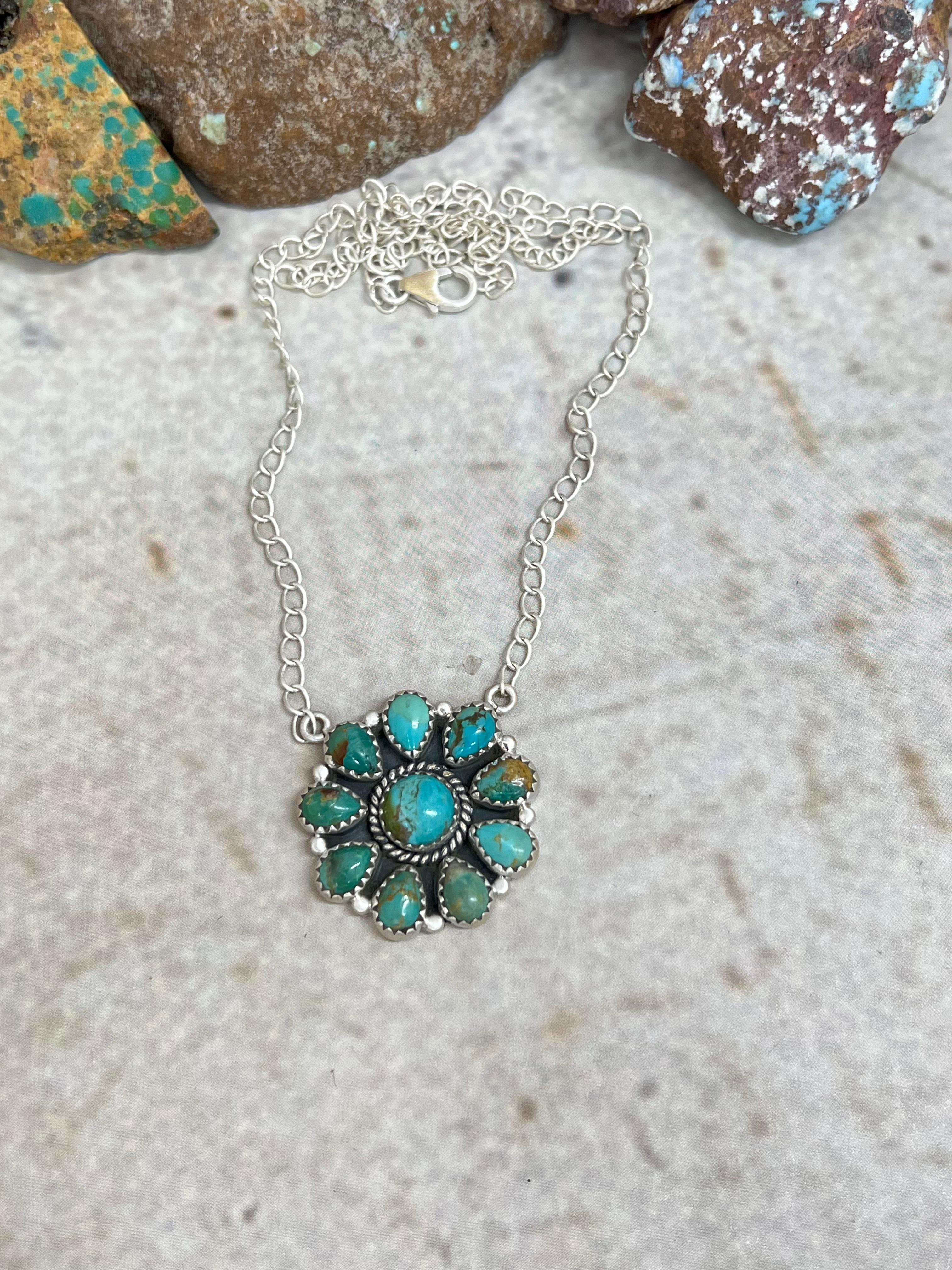 Handmade Sterling Silver Kingman Turquoise Necklace with Signed Nizhoni