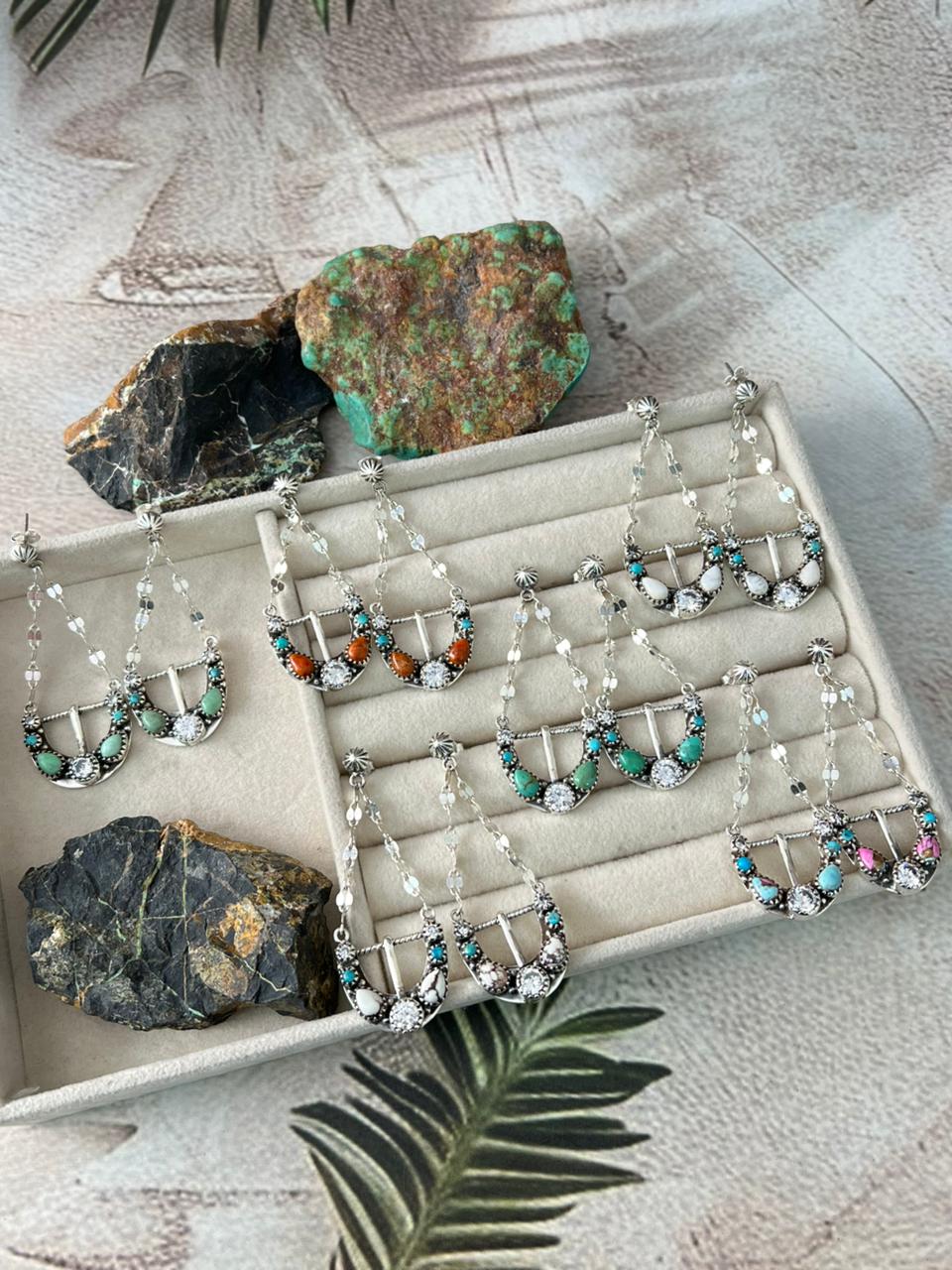 Handmade Sterling Silver Multi Stone Post Dangle Earrings "Signed Nizhoni"