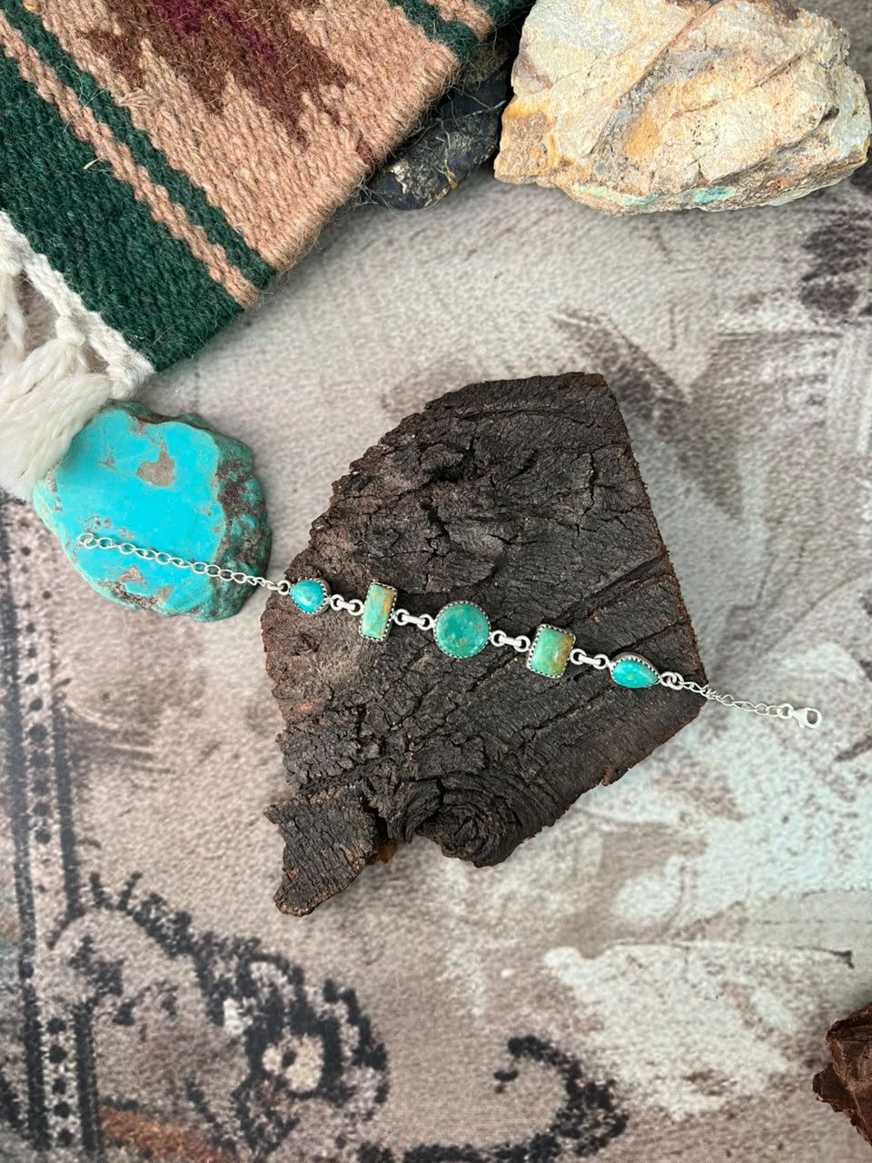Handmade Sterling Silver Pilot Mountain Turquoise Chain Bracelet Signed Nizhoni