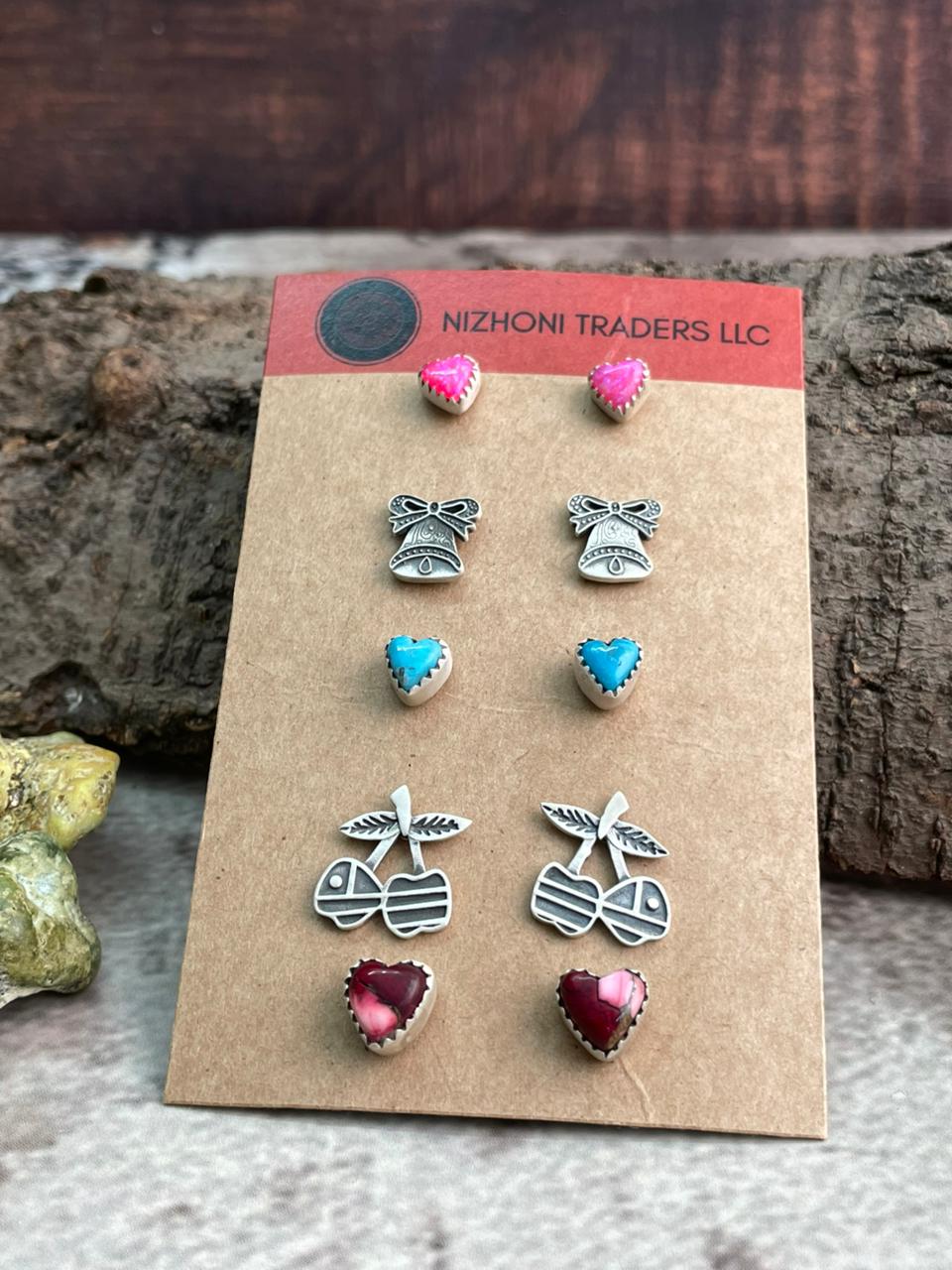 Handmade Sterling Silver Multi Stones Post Studs (Cards) "Signed Nizhoni"