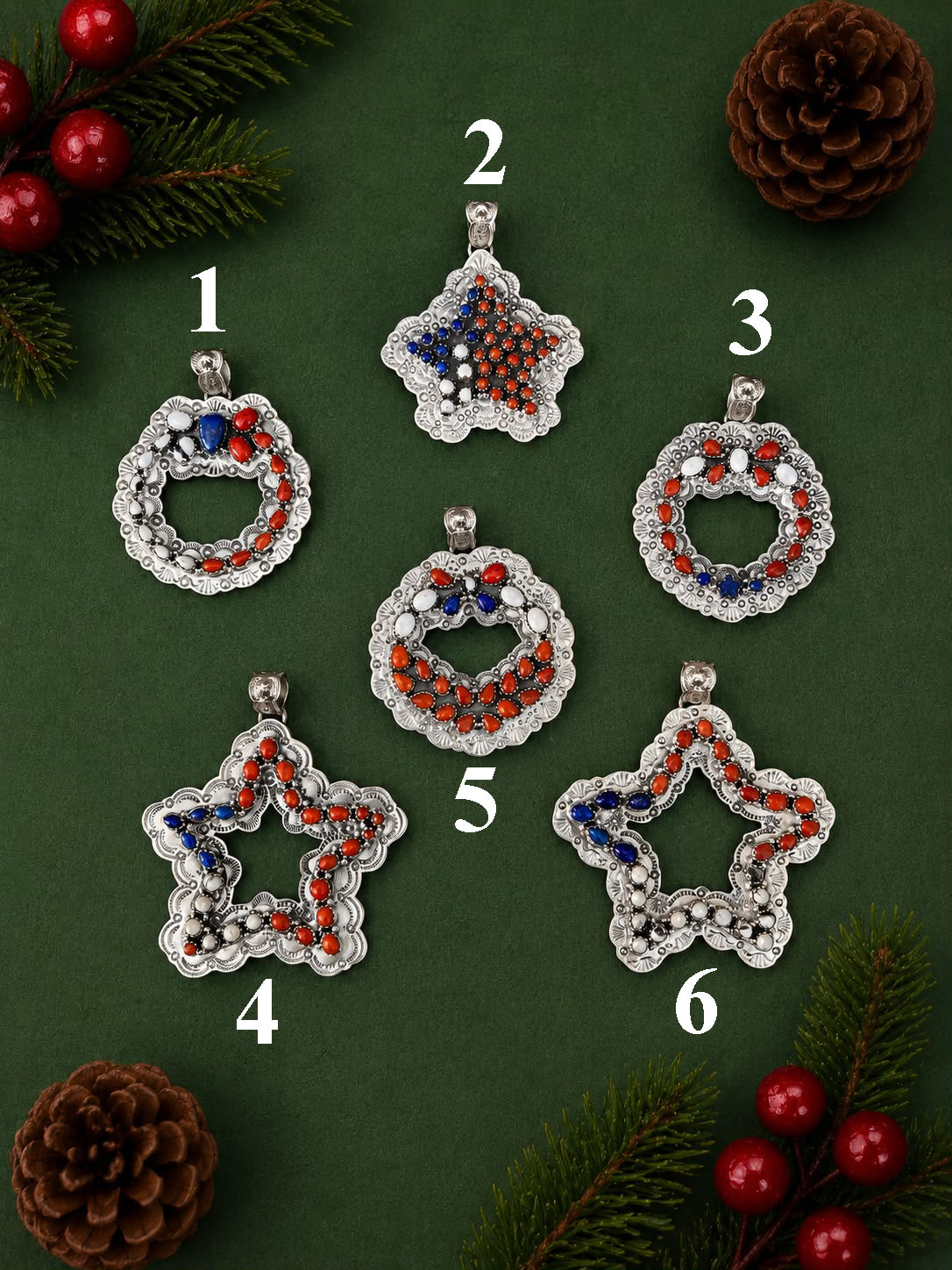 Handmade Sterling Silver Lapis with Coral and White Buffalo Christmas Ornaments Collection: Pendant Signed Nizhoni (1)