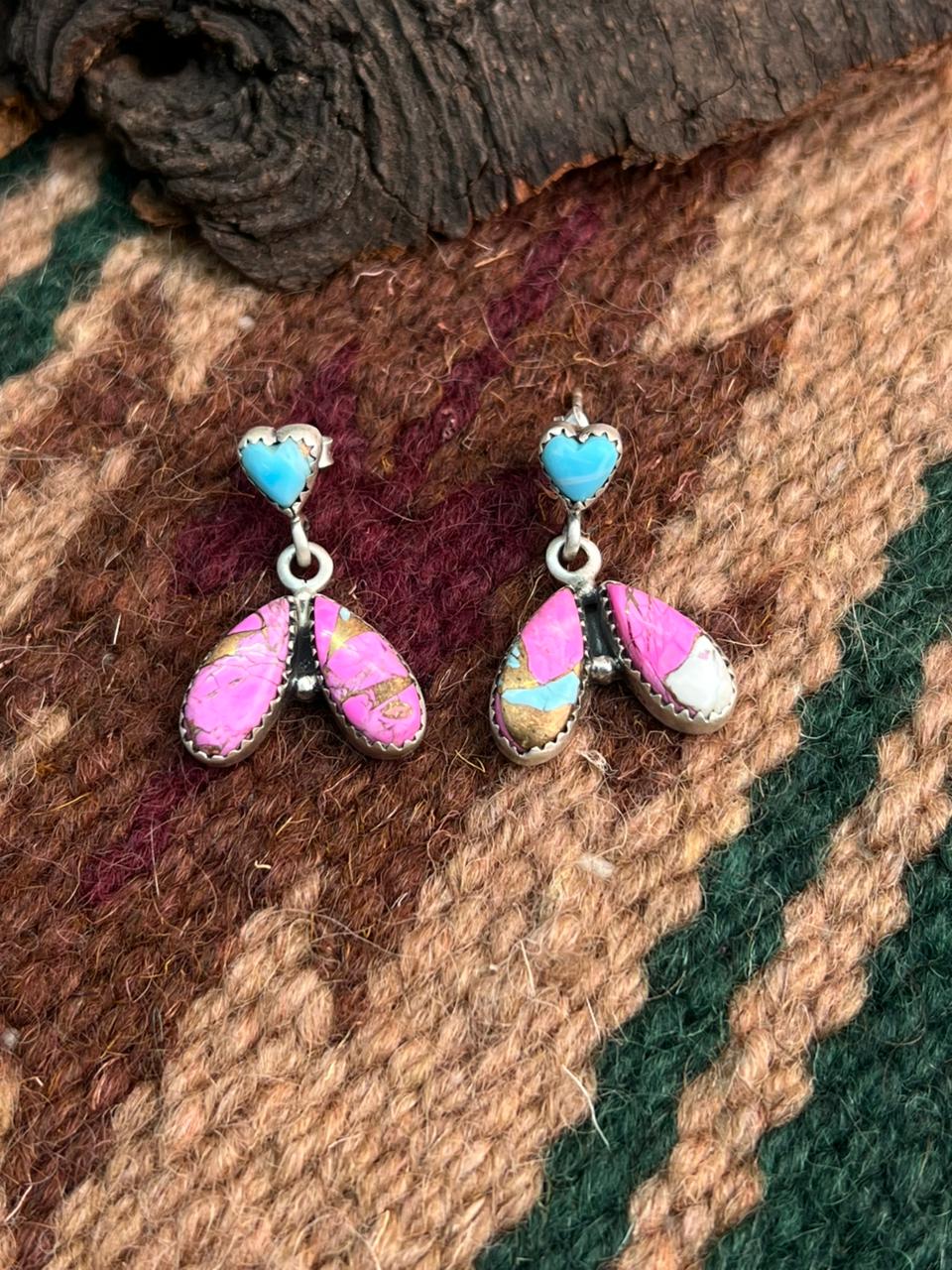 "Heart Collection" Handmade Sterling Silver Cotton Candy Post Dangle Earrings "Signed Nizhoni"