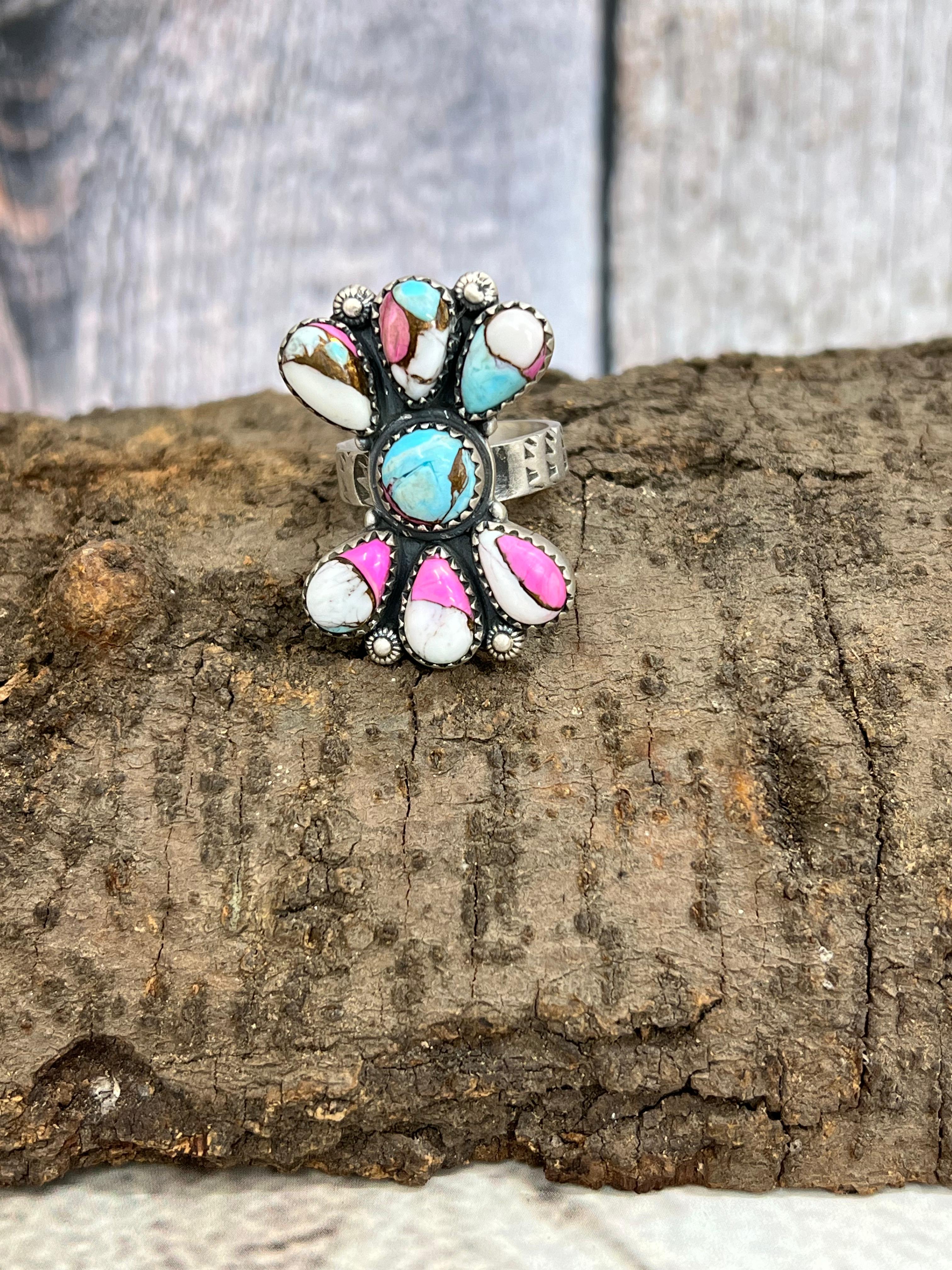 Handmade Sterling Silver Cotton Candy Turquoise Adjustable Ring with Signed Nizhoni