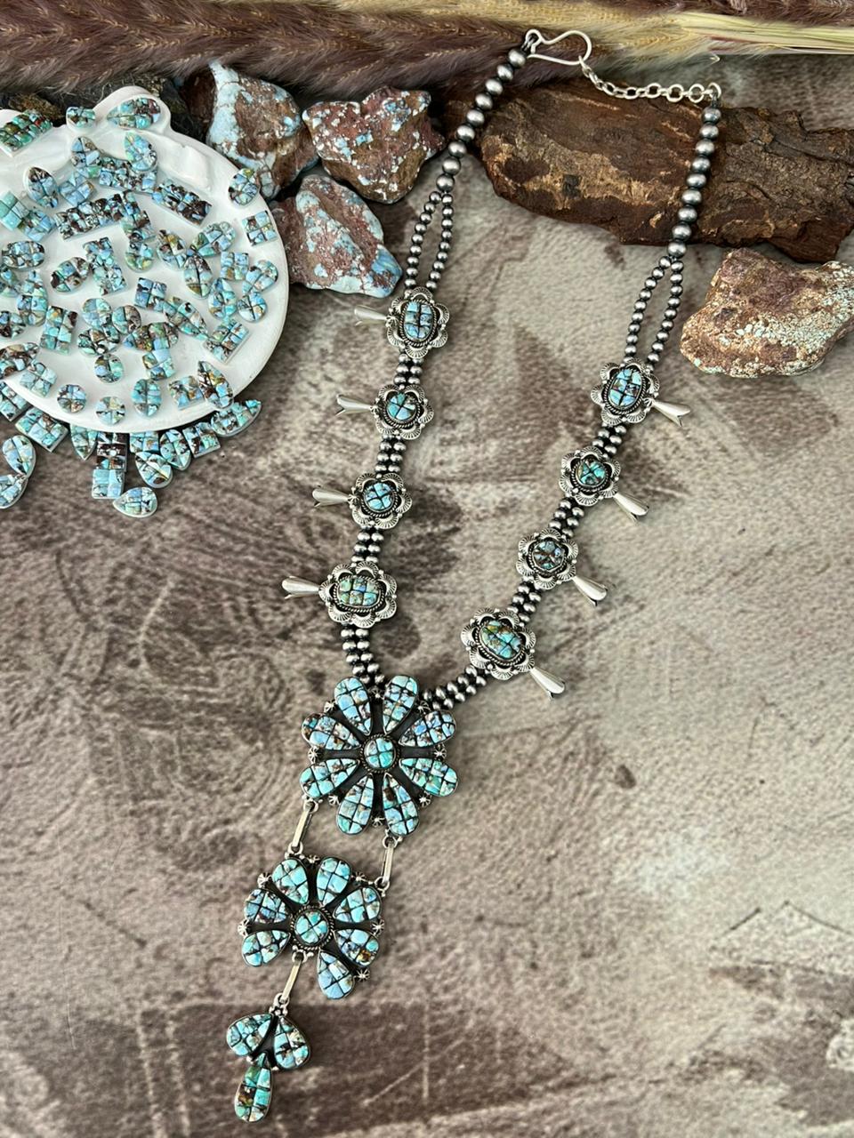 Handmade Sterling Silver 'Golden Hills Turquoise Cobble Collection' Squash Blossom Necklace "Signed Nizhoni"