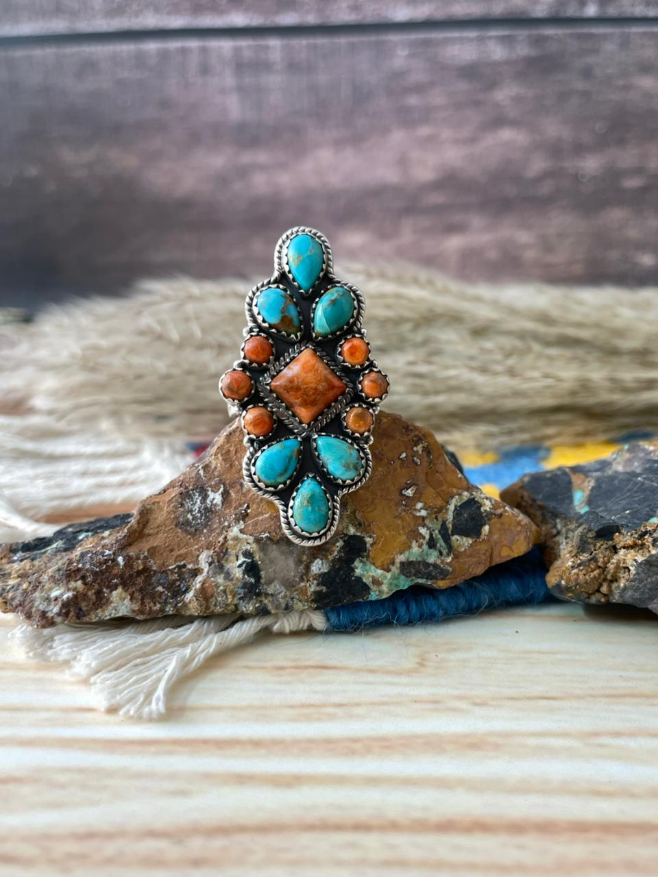 Handmade Sterling Silver Kingman with Orange Mojave Adjustable Ring "Signed Nizhoni"