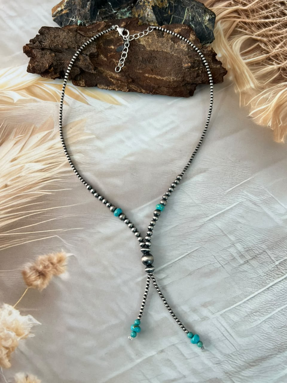Handmade Sterling Silver Kingman Turquoise Beaded Necklace Signed Nizhoni