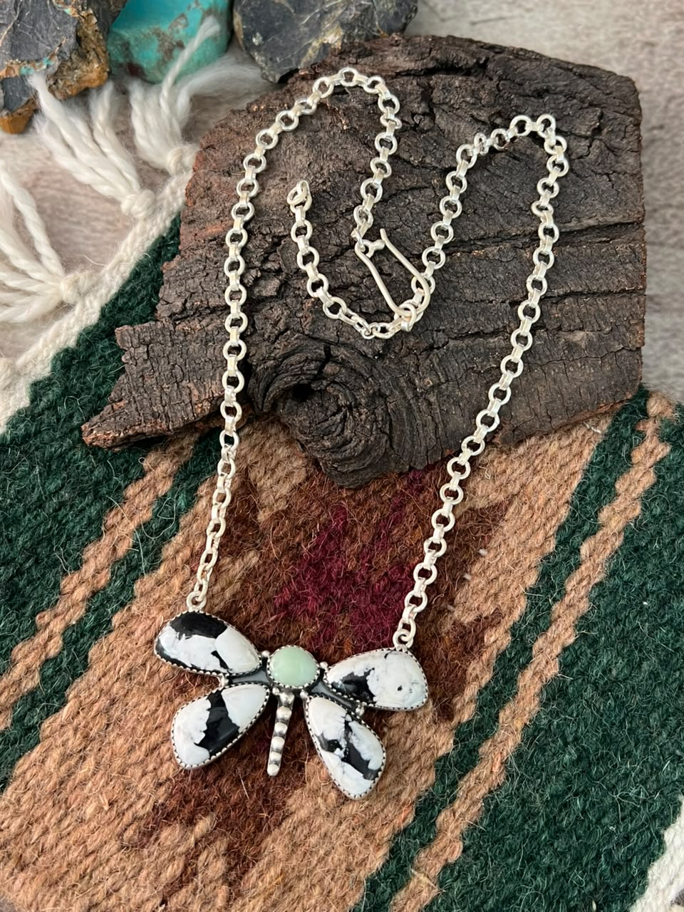 Handmade Sterling Silver White Buffalo with Paloma Turquoise Butterfly Necklace Signed Nizhoni