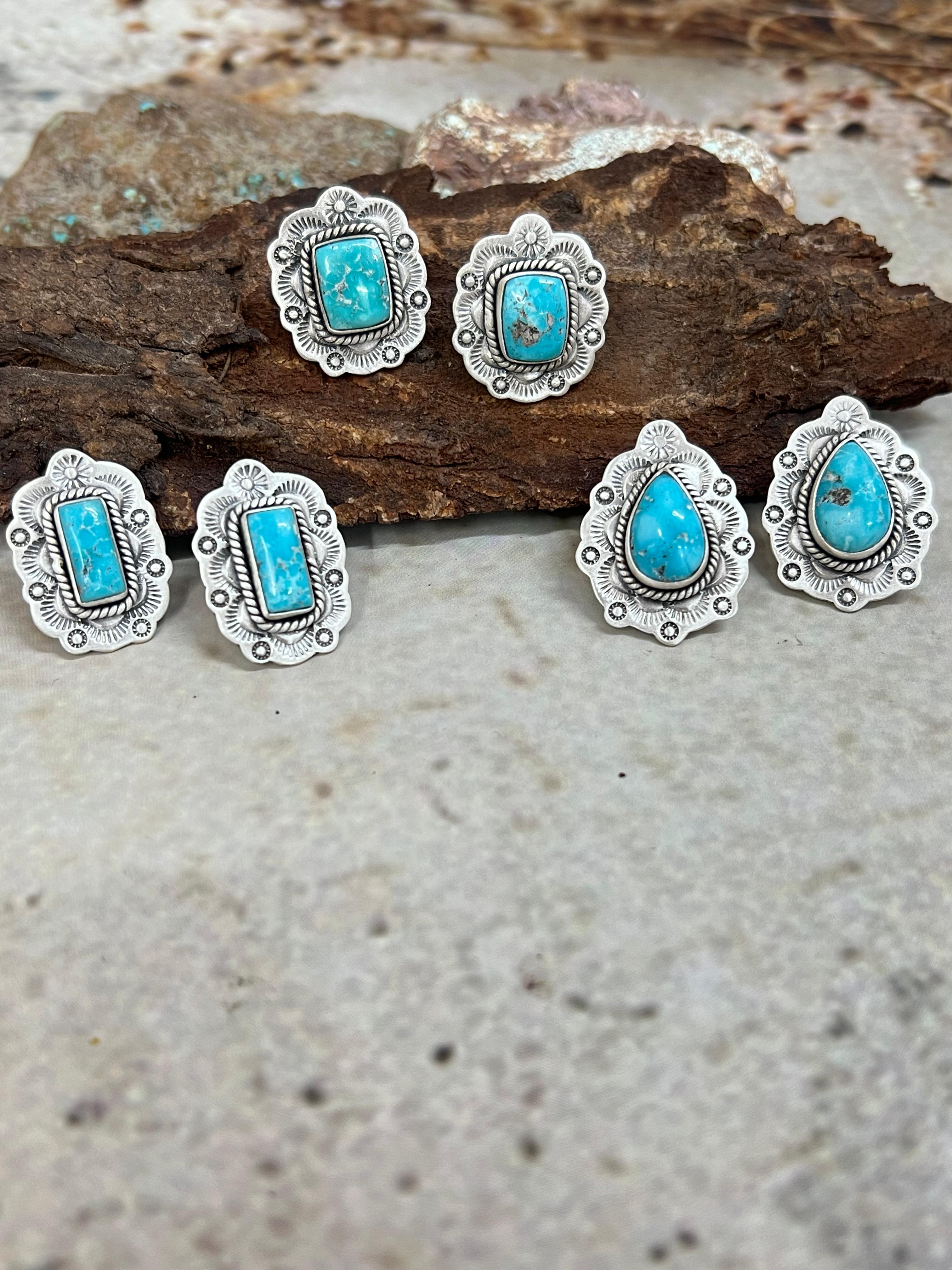 Handmade Sterling Silver White Water Turquoise Post Studs with Signed Nizhoni